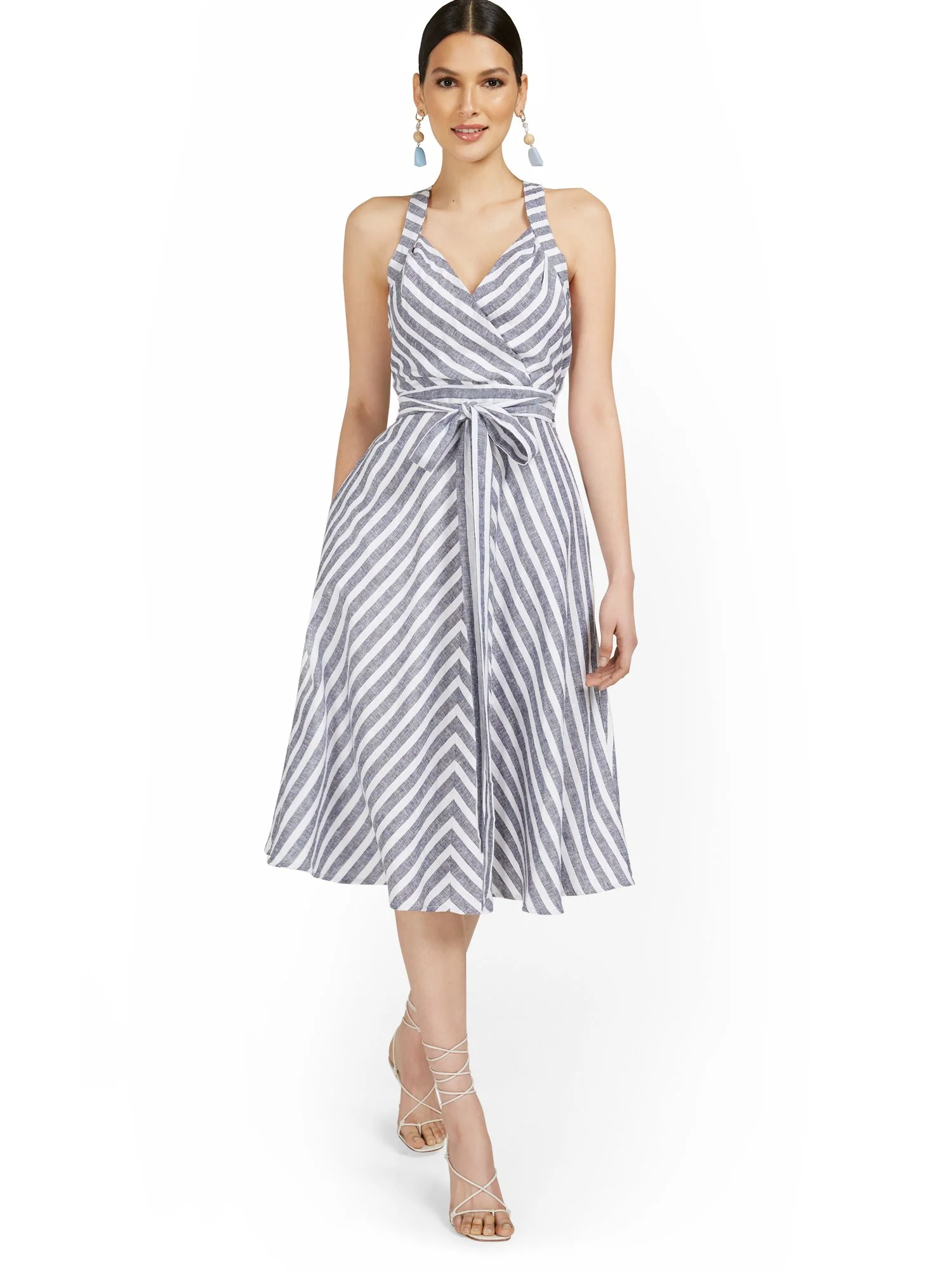 Tall Navy Linen-Blend Halter Fit and Flare Dress - Image 2