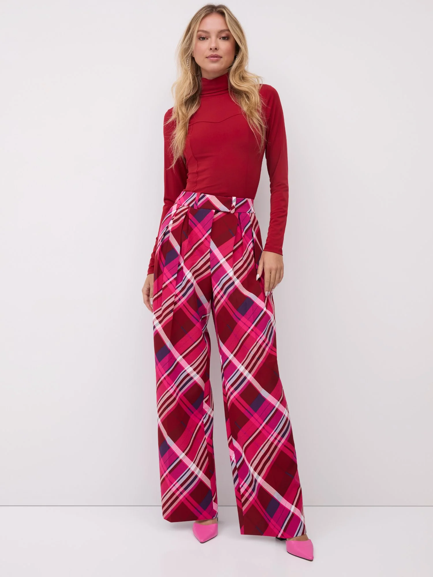 Tall Plaid Pleated High-Waisted Wide-Leg Pant