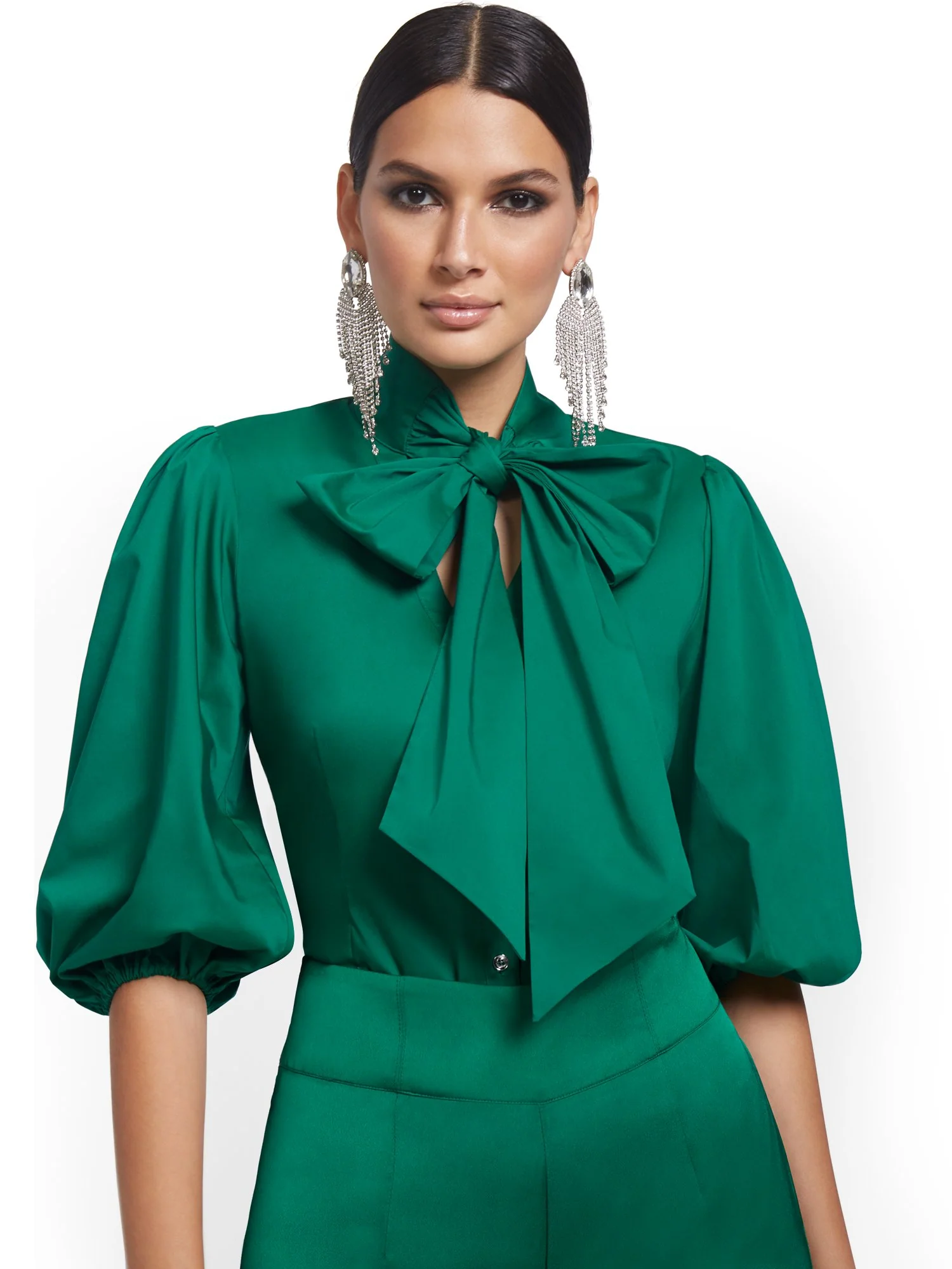 Tall Puff-Sleeve Drama Bow Poplin Shirt - Image 5