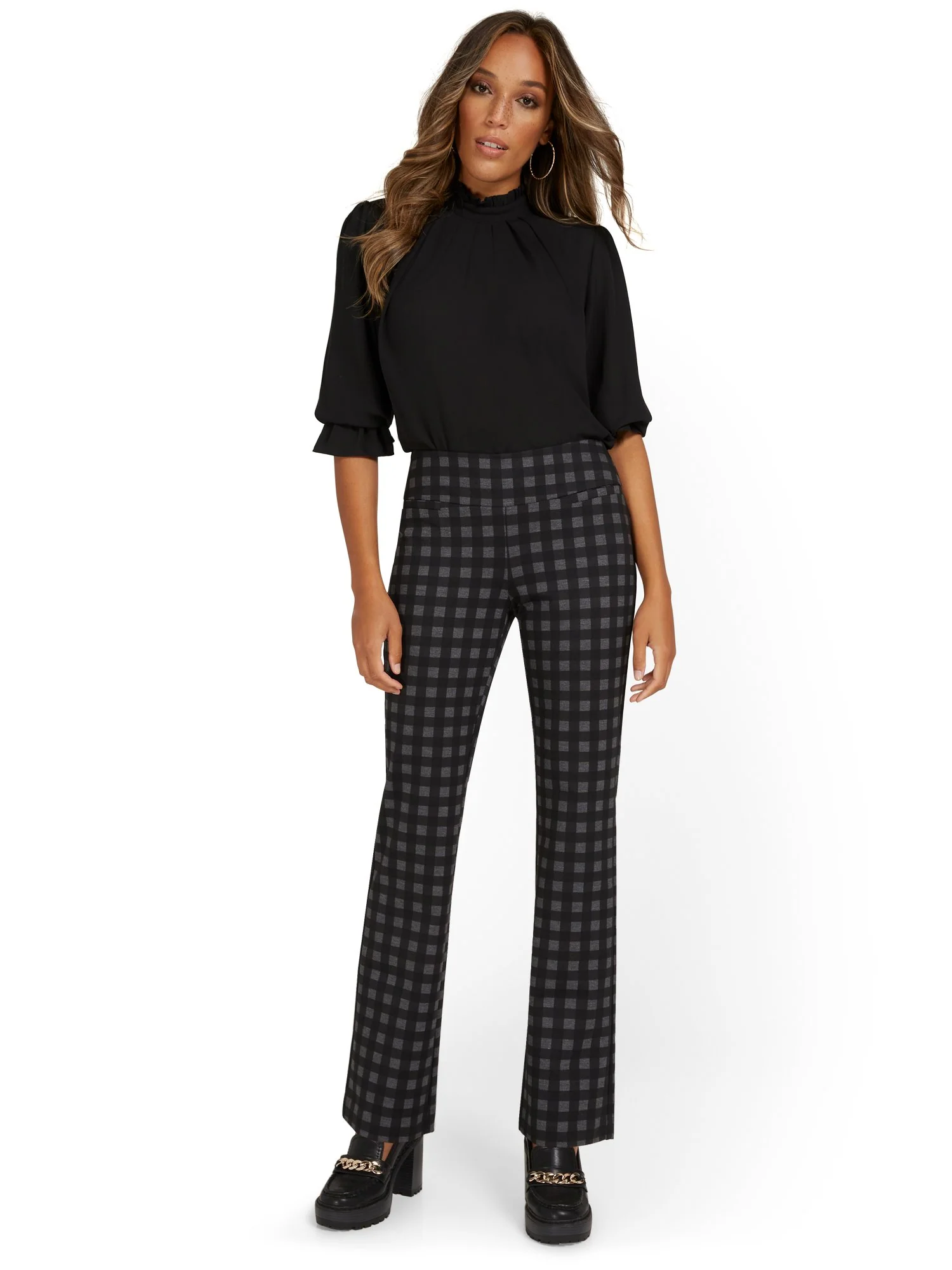 Tall Pull-On Check-Print Bootcut Ponte Pant - Superflex - Image 3