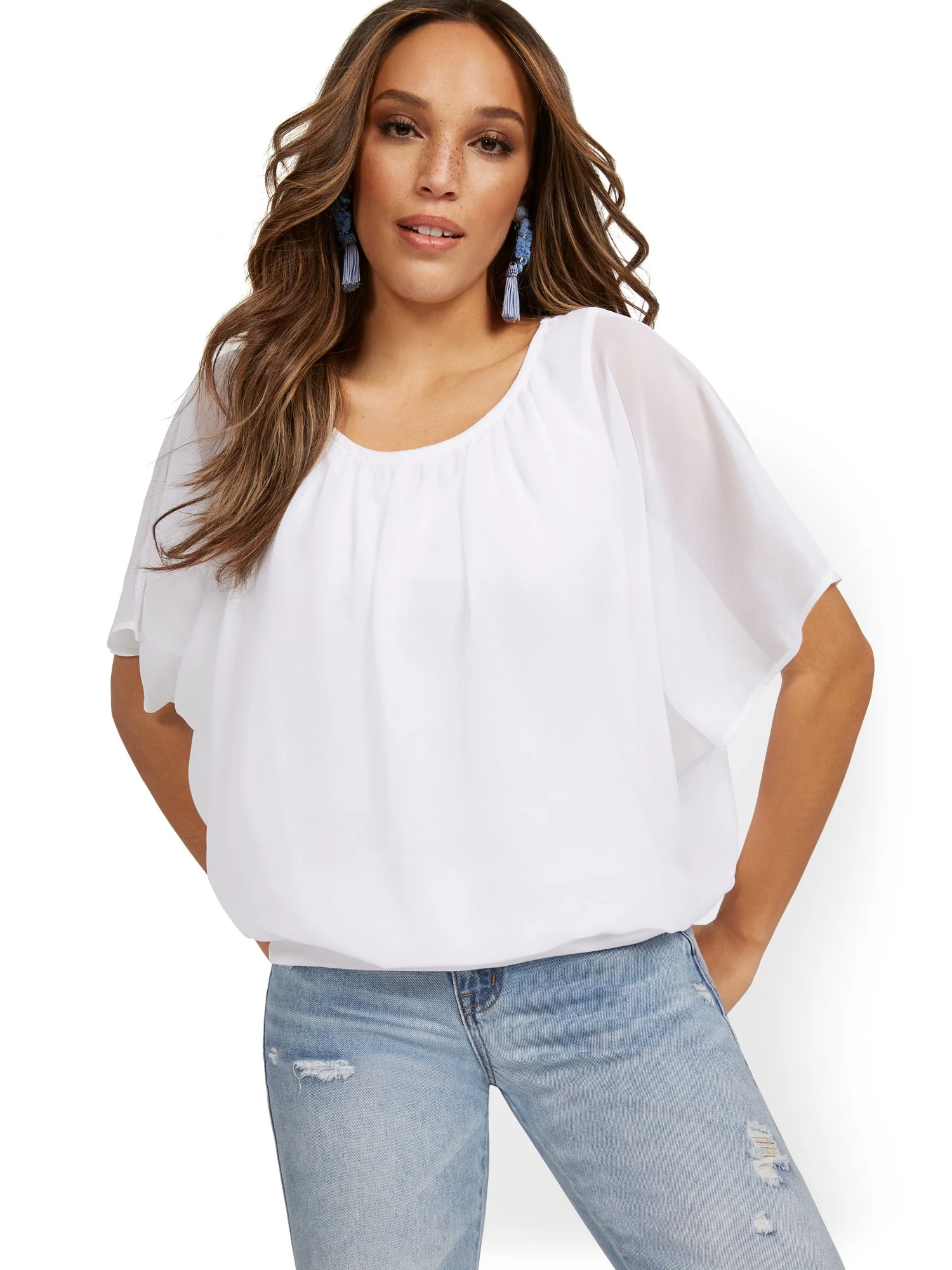 Tall Semi-Sheer Flutter Dolman-Sleeve Top