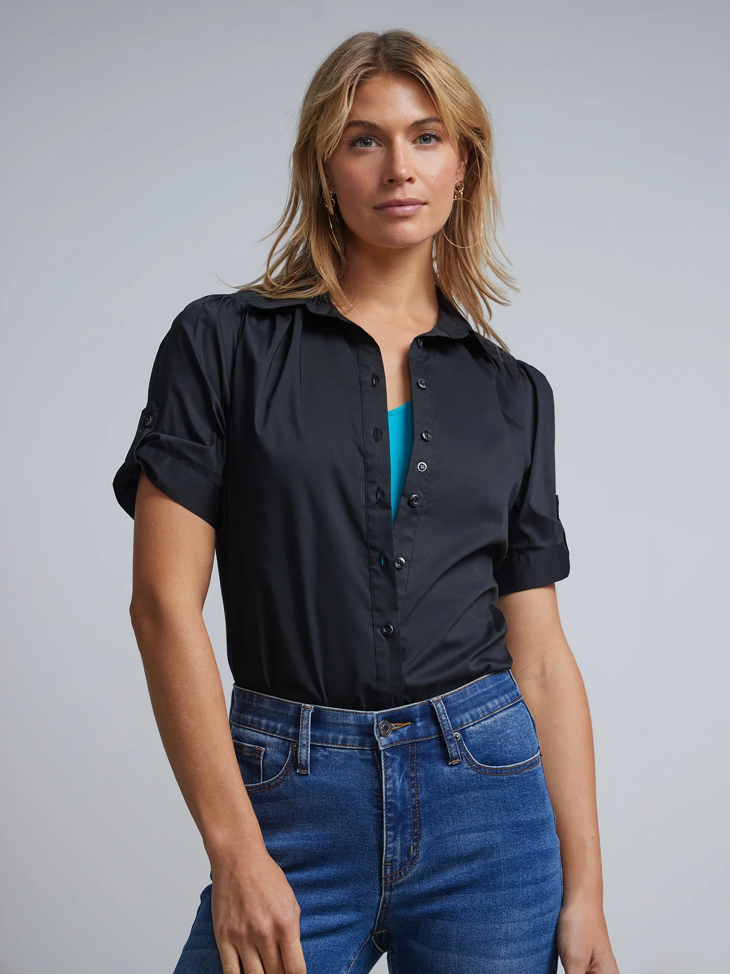 Tall Short-Sleeve Button-Front Secret Snap - NY&C Madison Shirt®