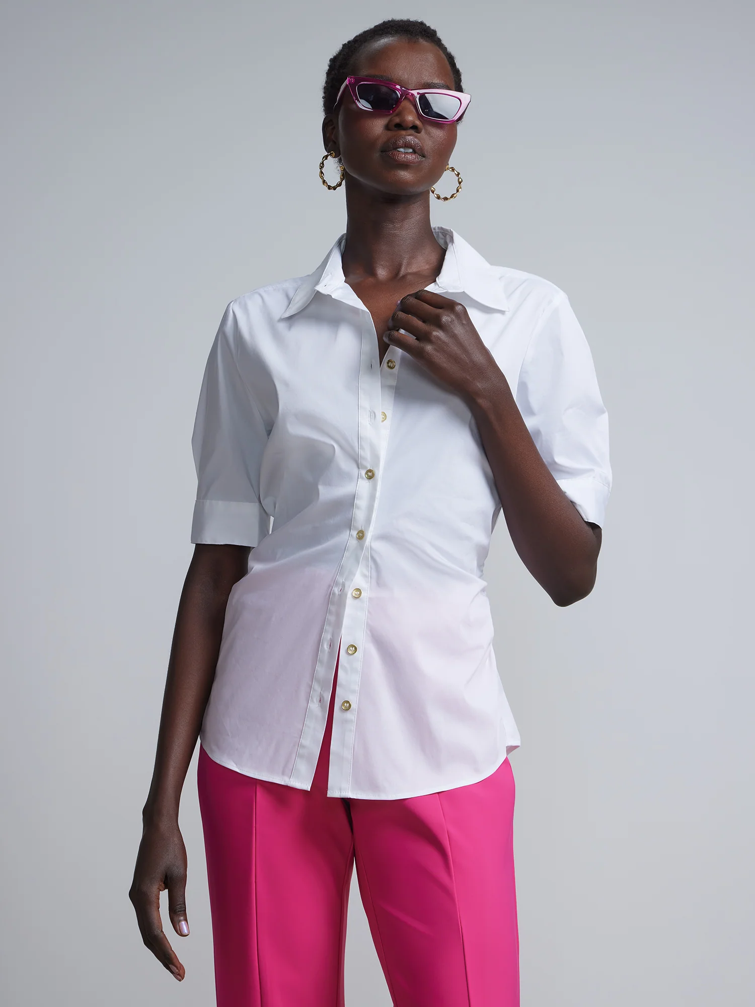 Tall Short-Sleeve Metal Button-Front Secret Snap - NY&C Madison Shirt®