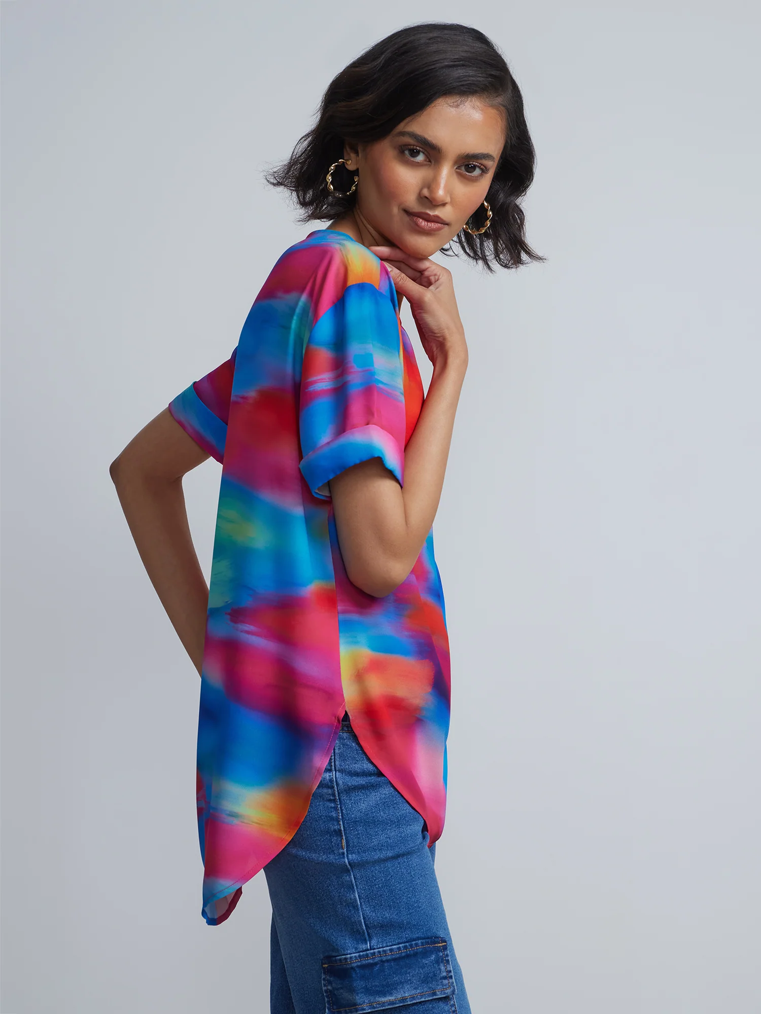 Tall Tie-Dye Print Crewneck Side-Slit Cuffed Blouse - Image 2