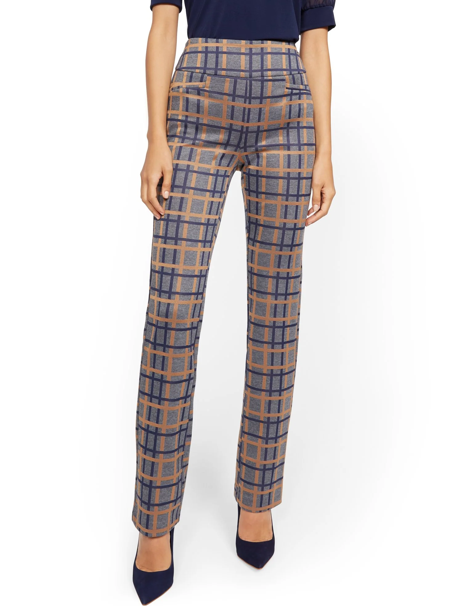 Tall Whitney High-Waisted Pull-On Straight-Leg Pant - Blue Plaid Ponte - 7th Avenue