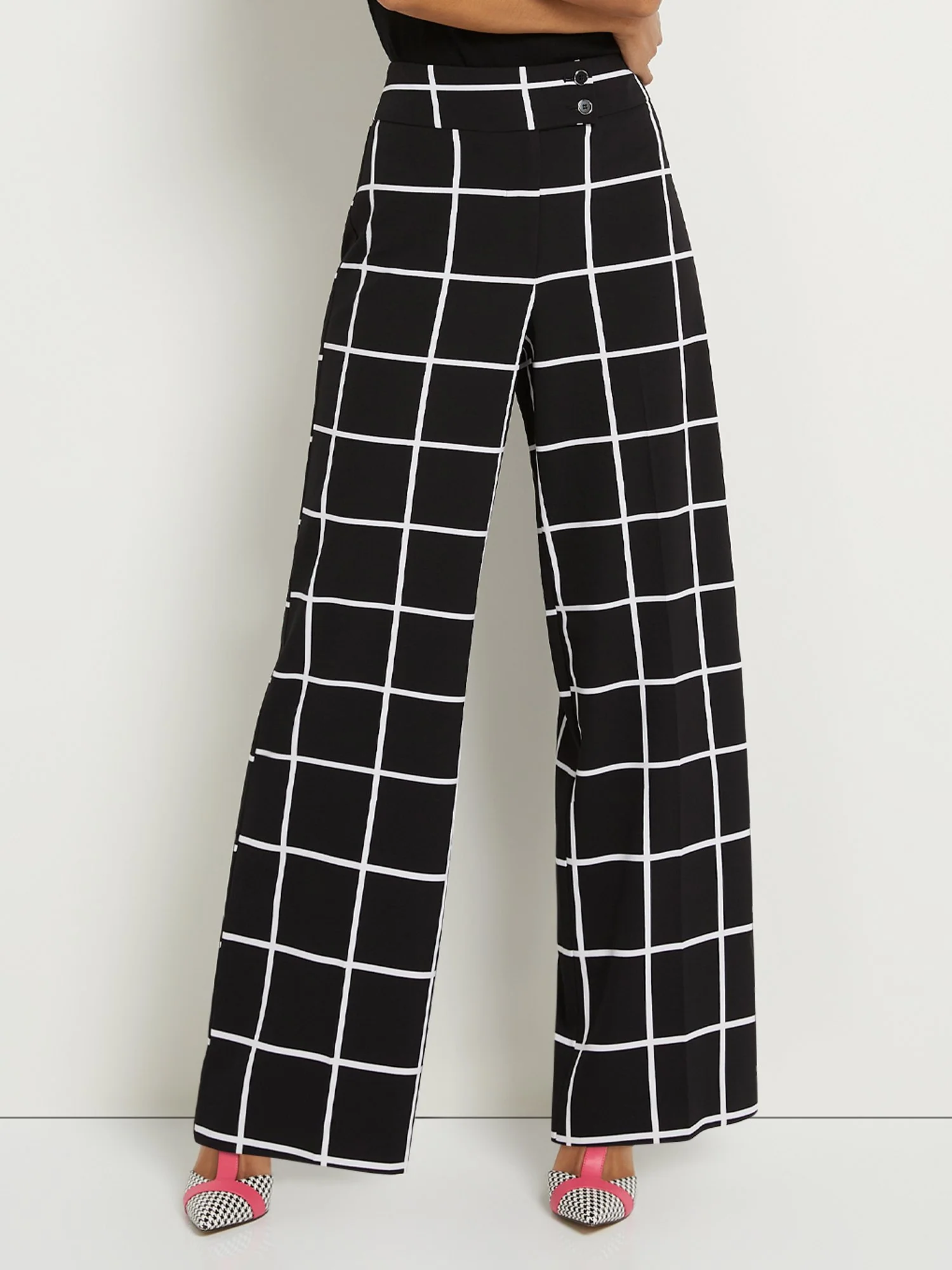 Tall Windowpane-Print Button-Tab Wide-Leg Pant