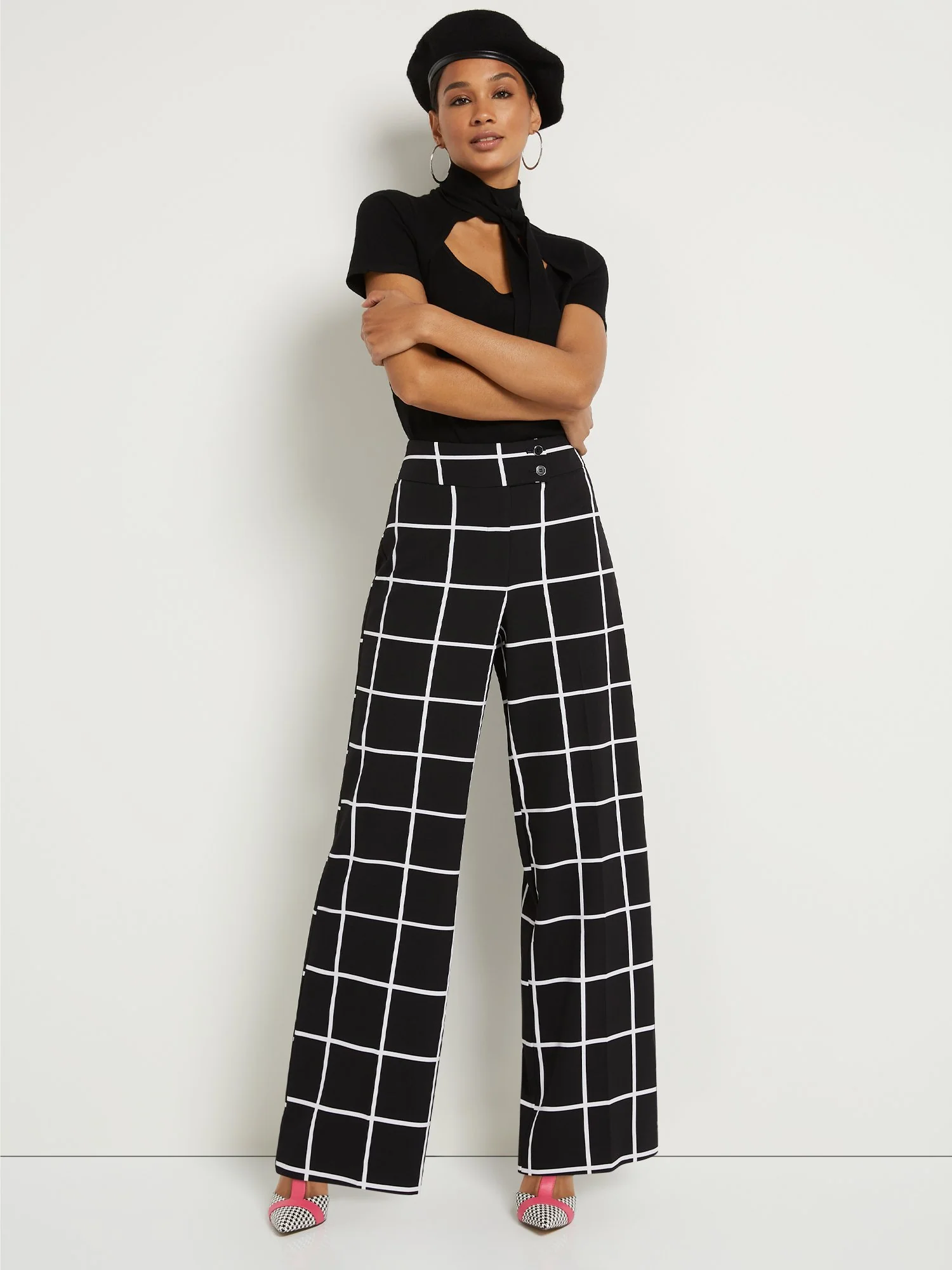 Tall Windowpane-Print Button-Tab Wide-Leg Pant - Image 4