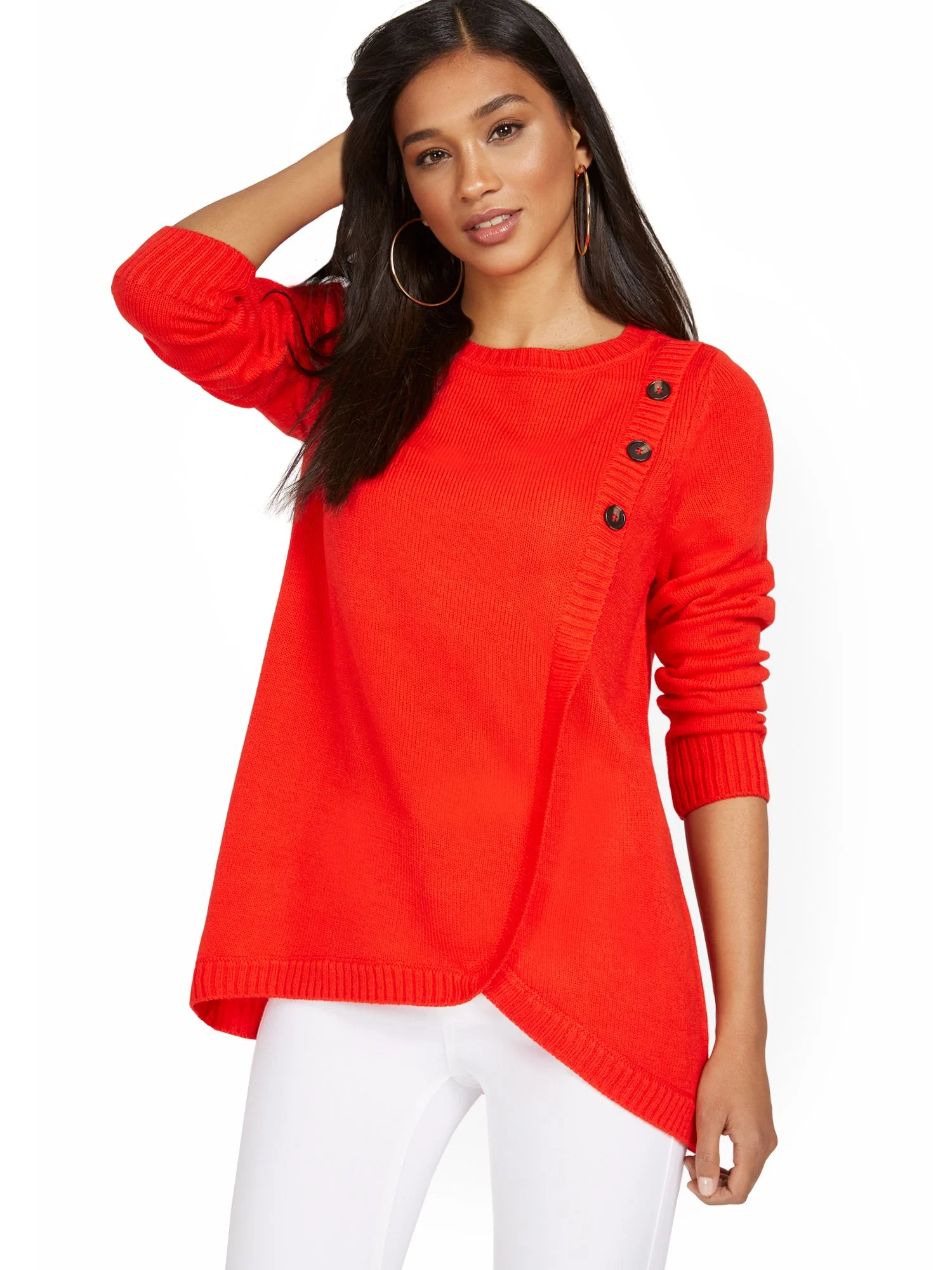 Three-Button Overlapped Tunic Sweater - Image 6