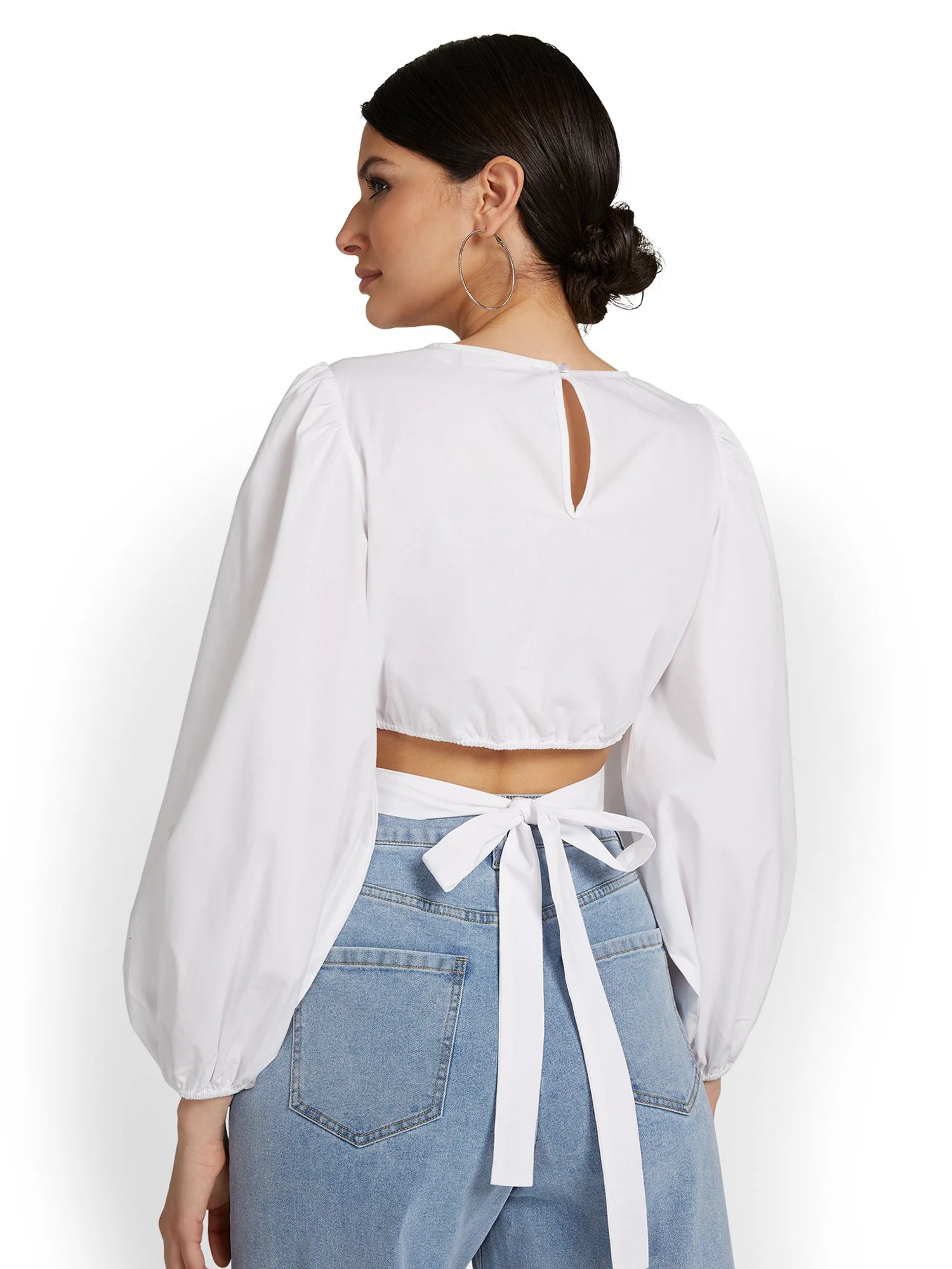Tie-Back Puff-Sleeve Poplin Crop Top - Image 3