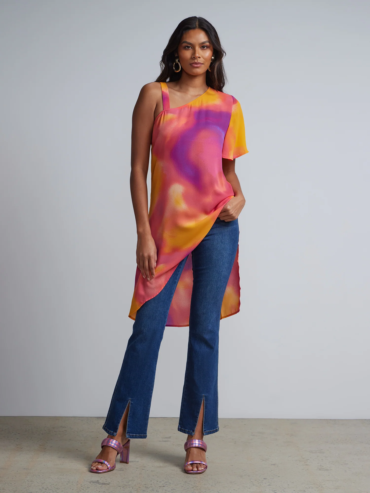 Tie-Dye Print Asymmetric Maxi Top