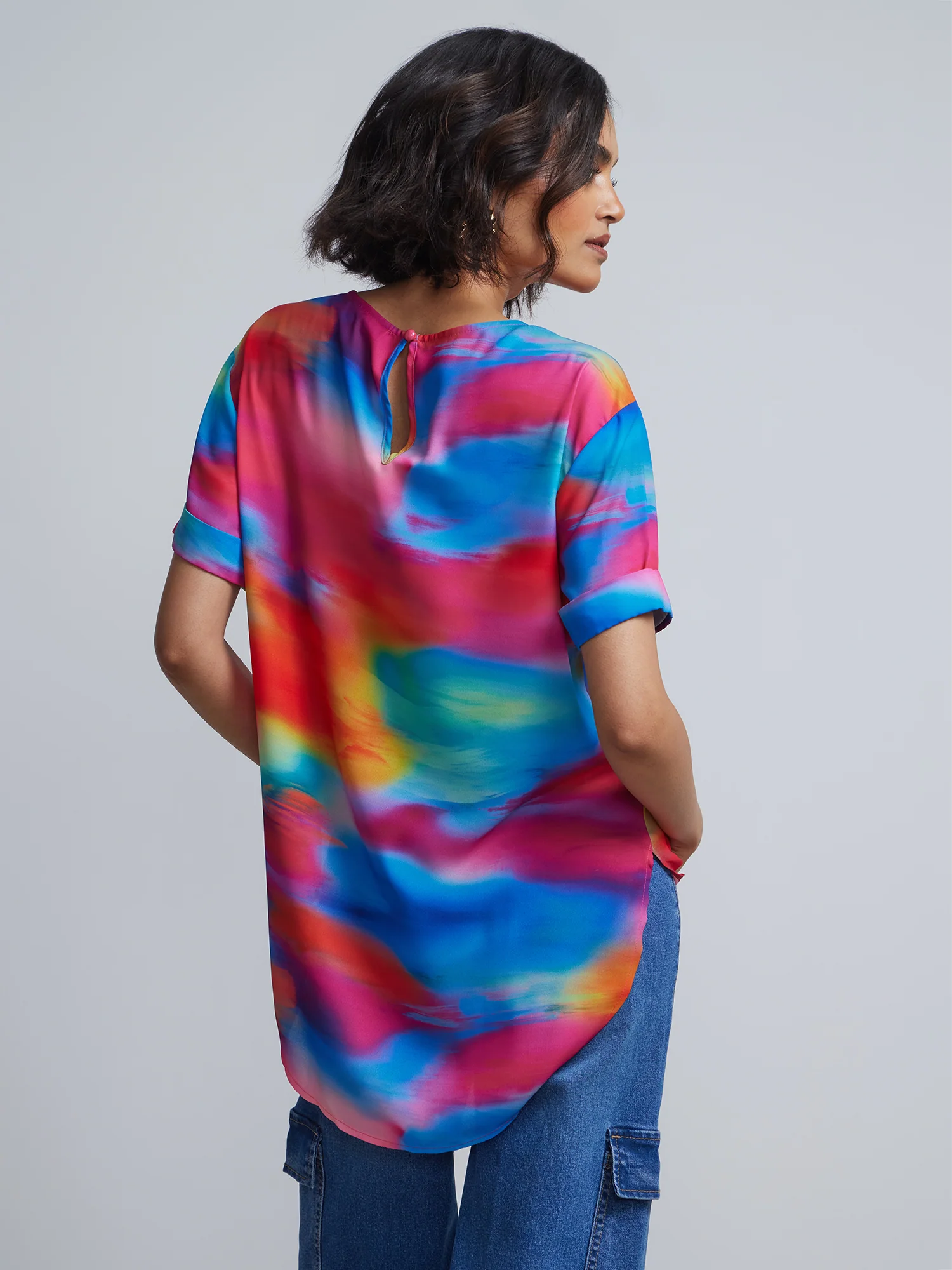 Tie-Dye Print Crewneck Side-Slit Cuffed Blouse - Image 3
