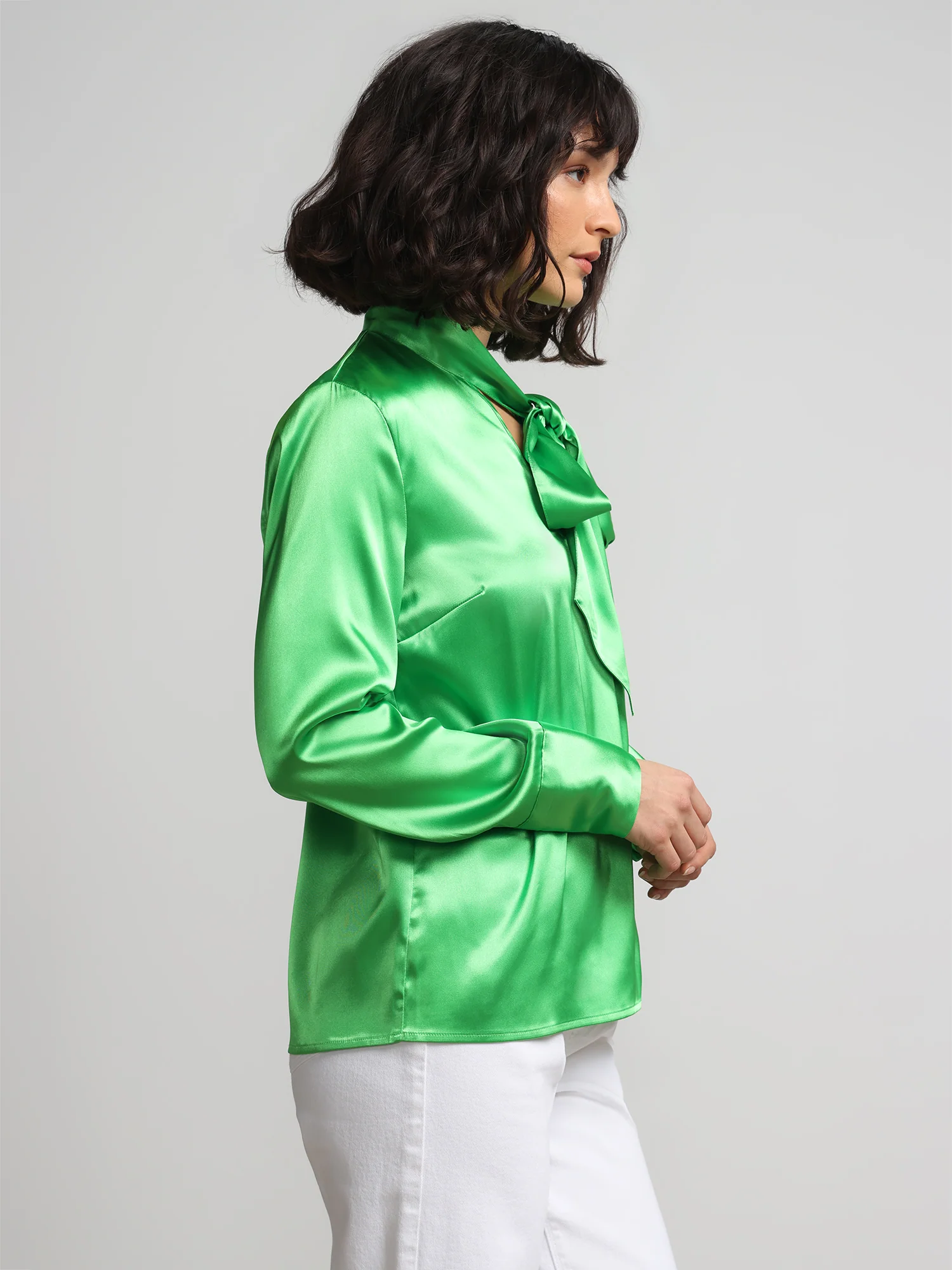 Tie-Front Cut-Out Satin Effect Blouse - Image 2