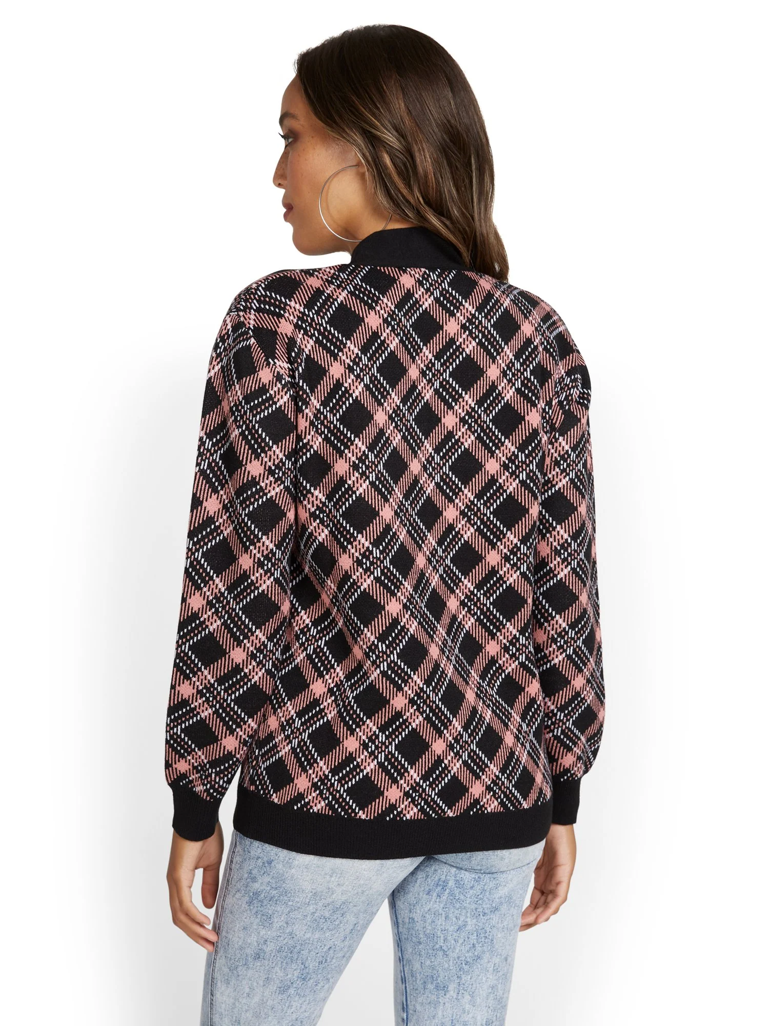 Tie-Front Pullover Sweater - Plaid - Image 3