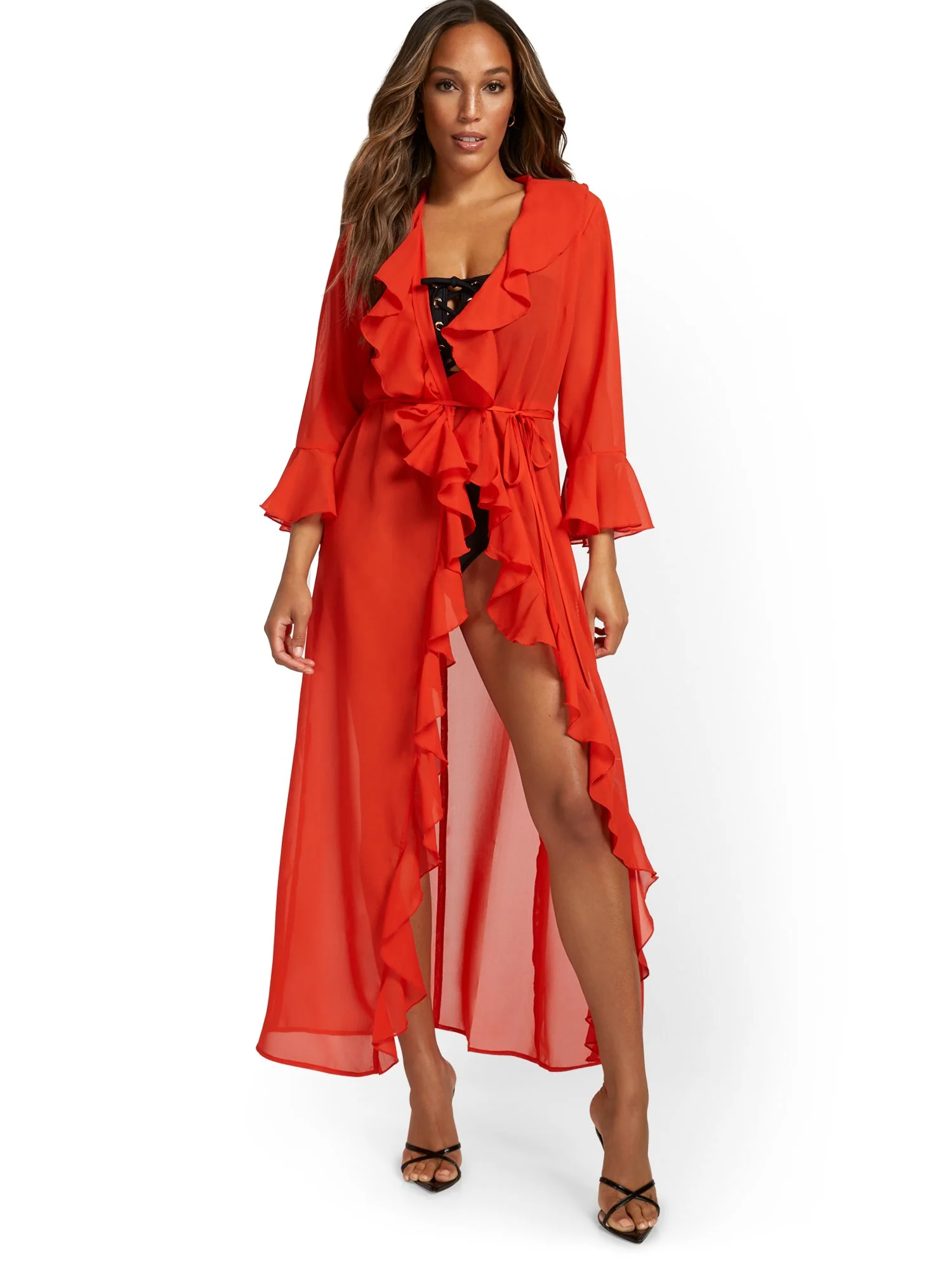 Tie-Front Ruffle Maxi Coverup - NY&C Swimwear