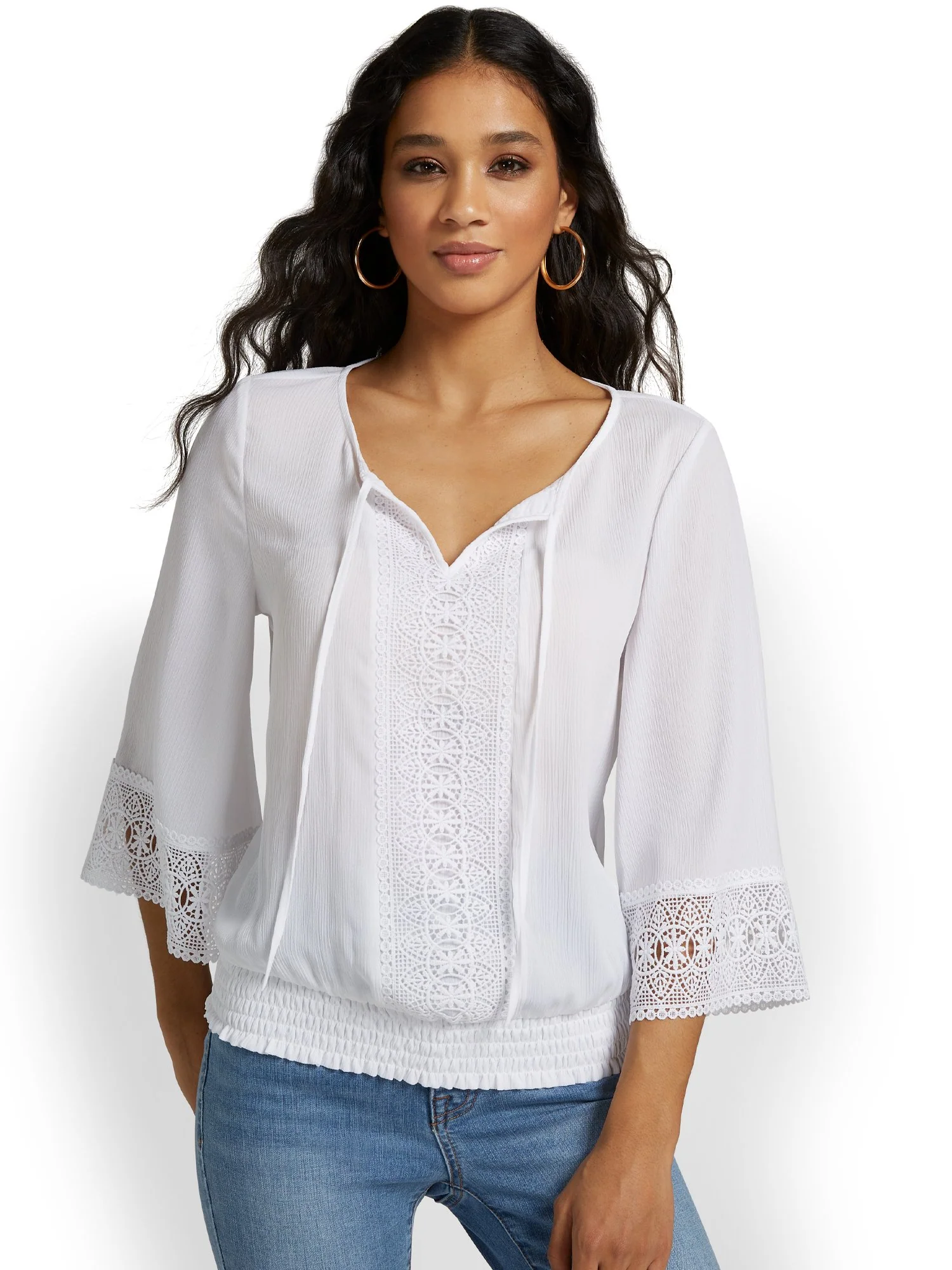 Tie-Neck Eyelet Bell-Sleeve Blouse - Lily & Cali - Image 2