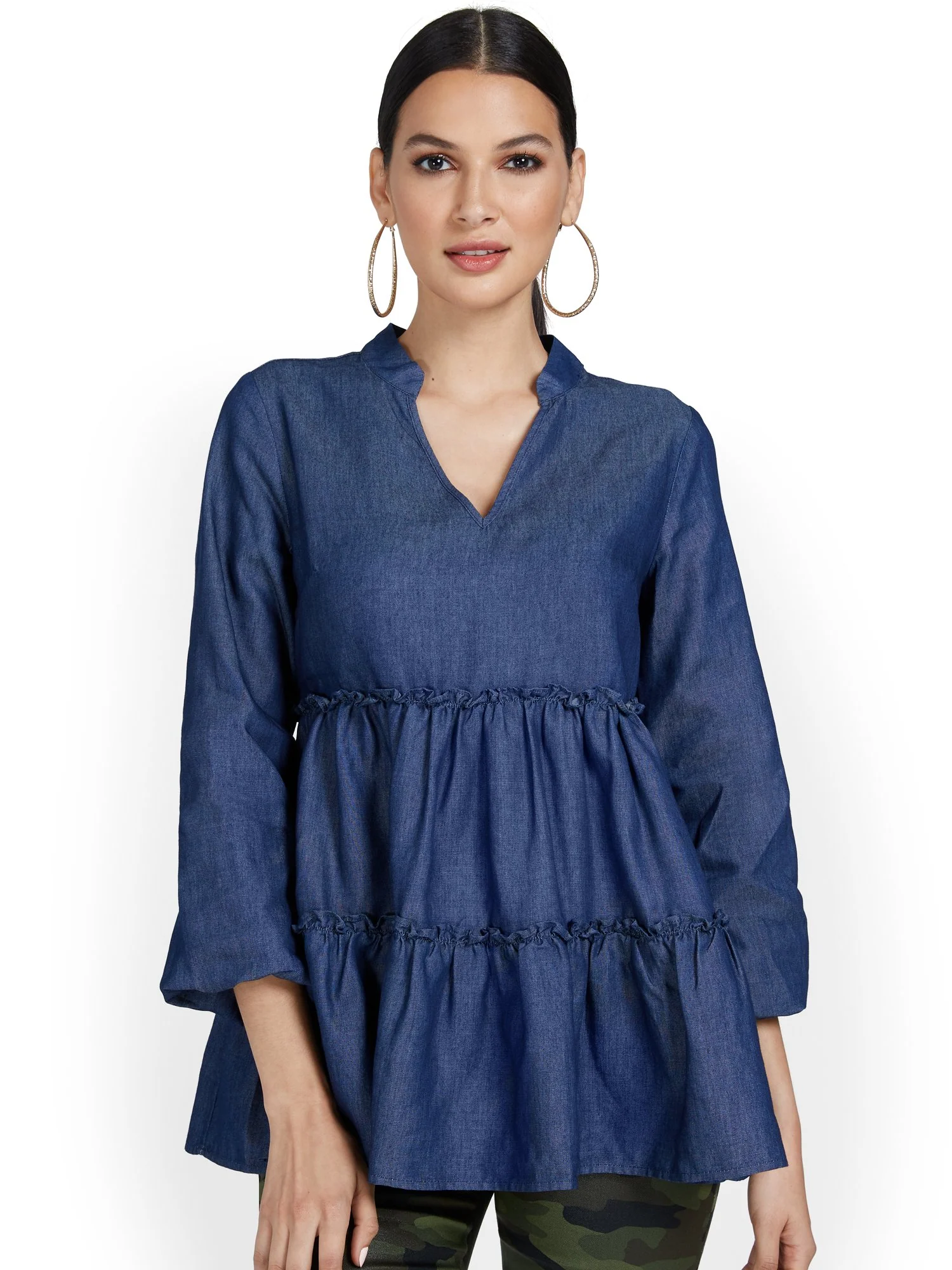 Tiered Chambray Babydoll Blouse - Image 2