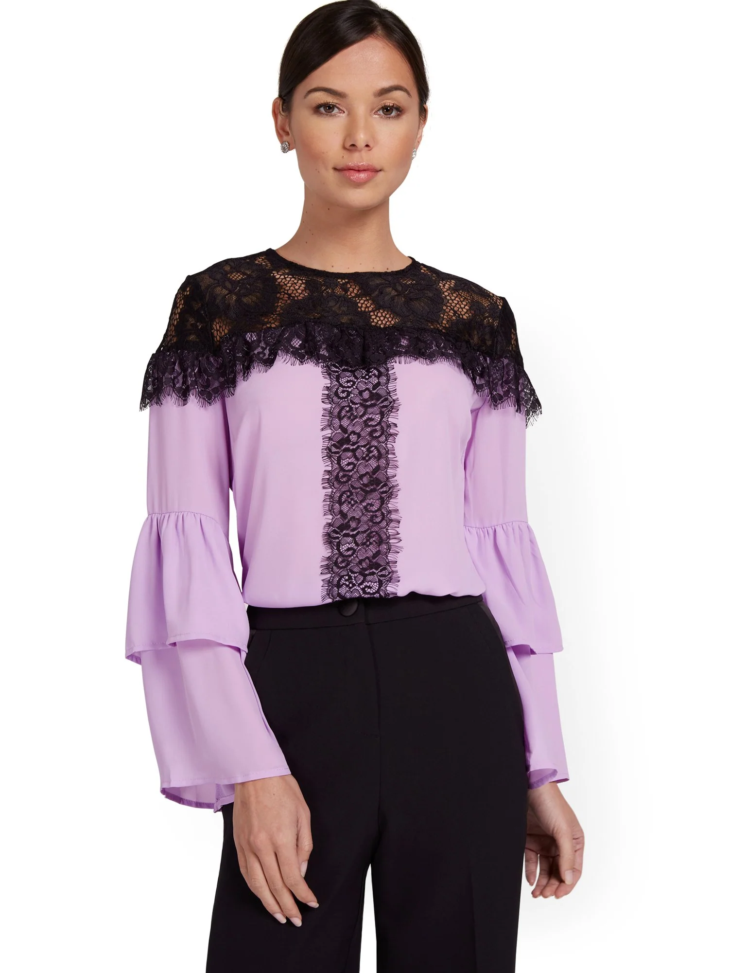 Tiered-Sleeve Lace-Accent Blouse - Image 2