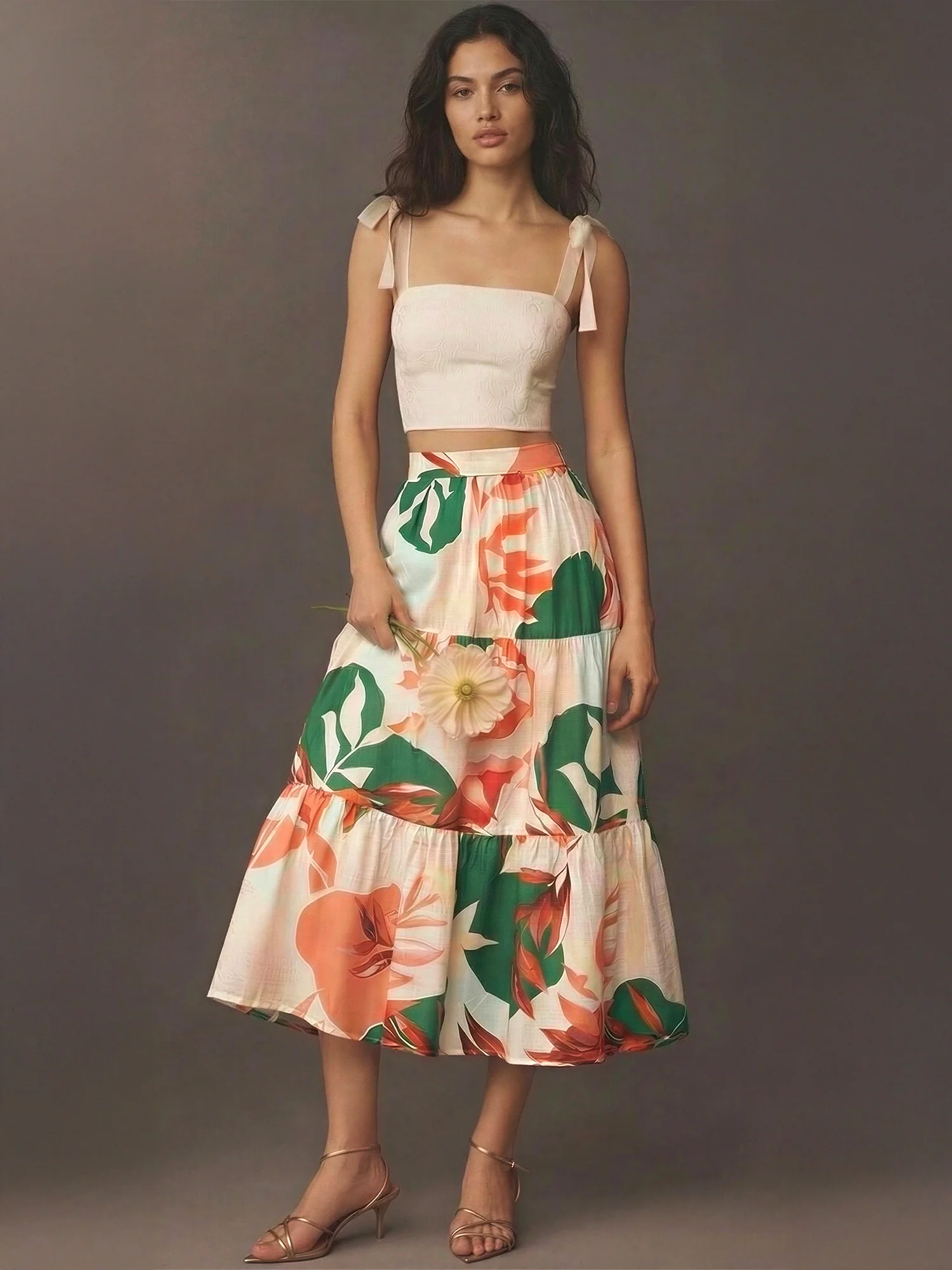 Tiered Tropical Midi Skirt