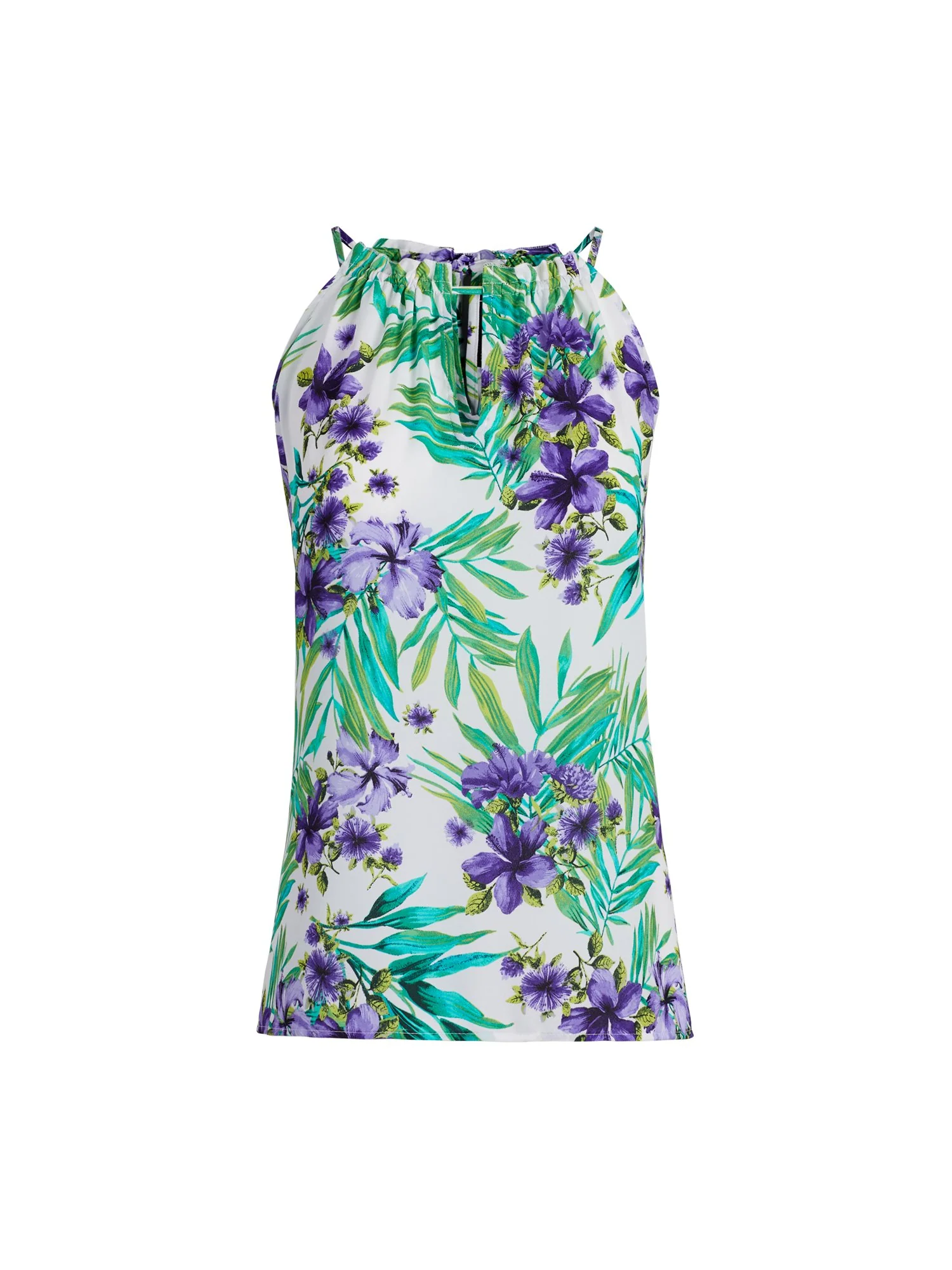 Tropical Floral Print Ruffled Neck Halter Top