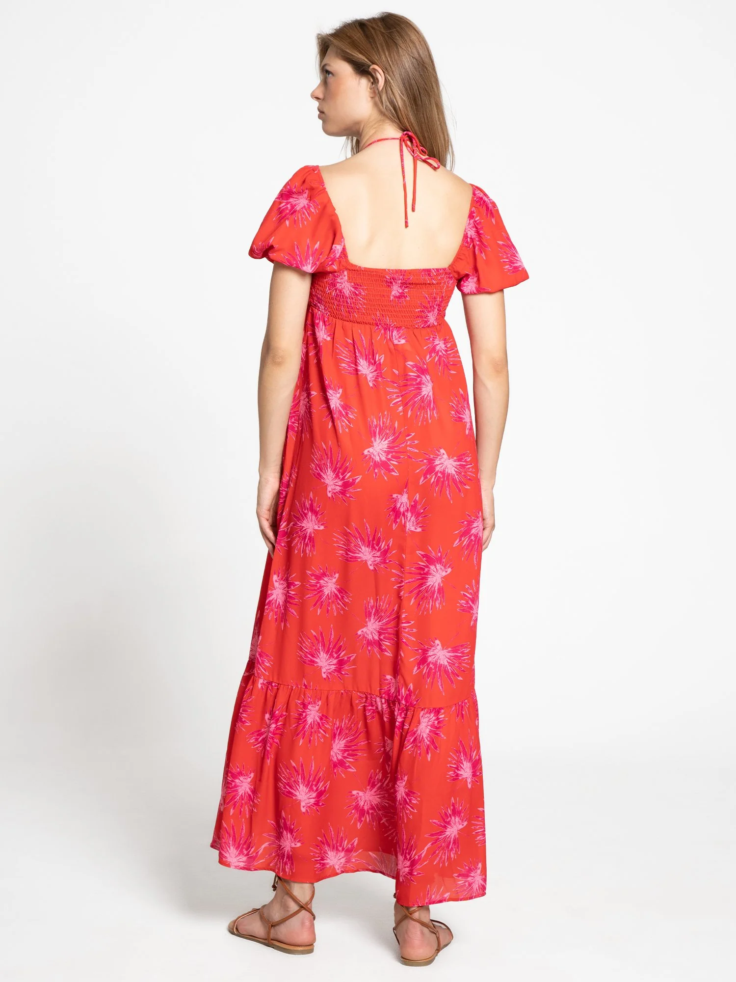Tropical-Print Puff-Sleeve Cinch Front Maxi Dress - 4Sienna - Image 4