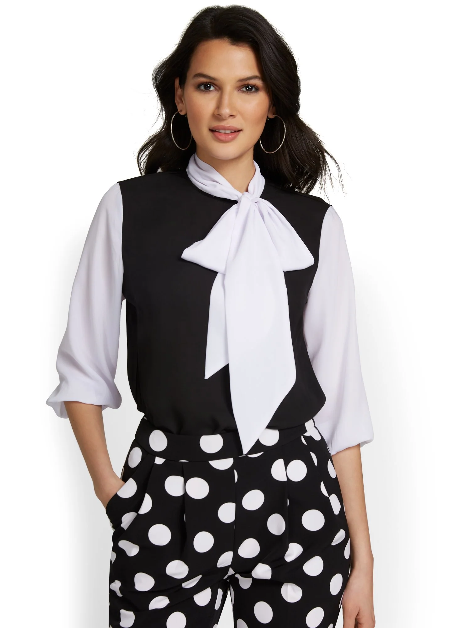 Two-Tone Contrast Bow-Front Blouse