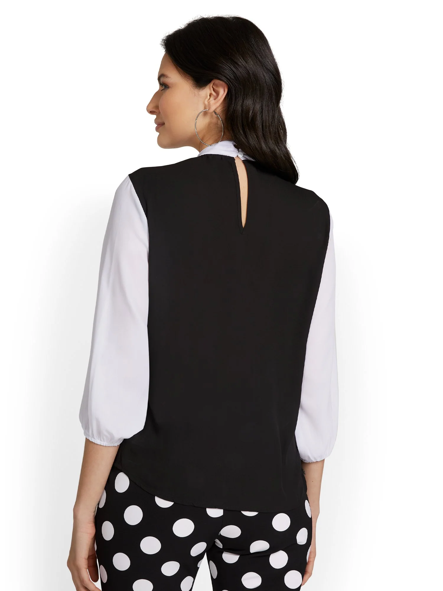 Two-Tone Contrast Bow-Front Blouse - Image 2