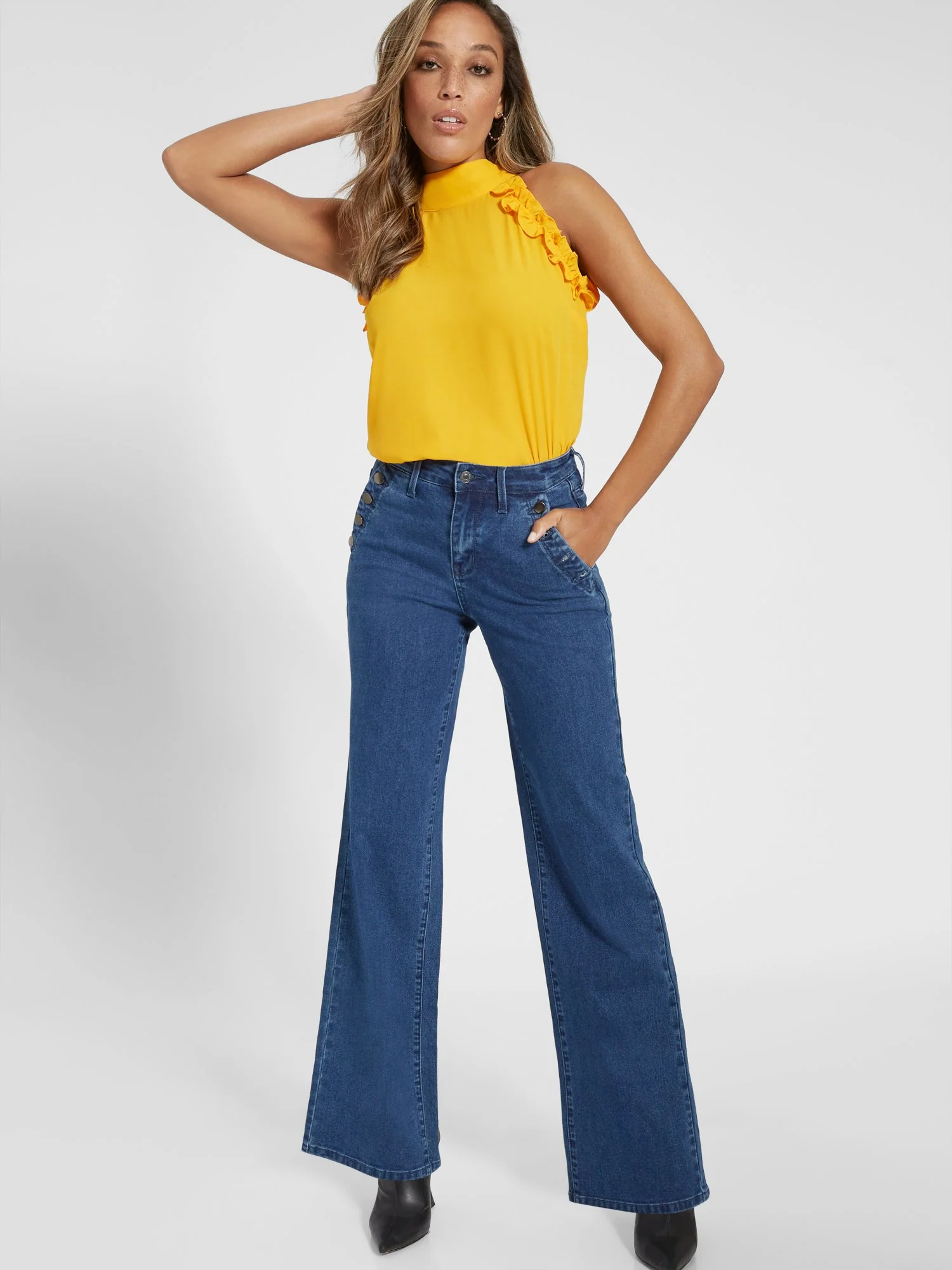 Ultra High-Waisted Button Pocket Detail Wide-Jeans - Dark Wash - Image 5