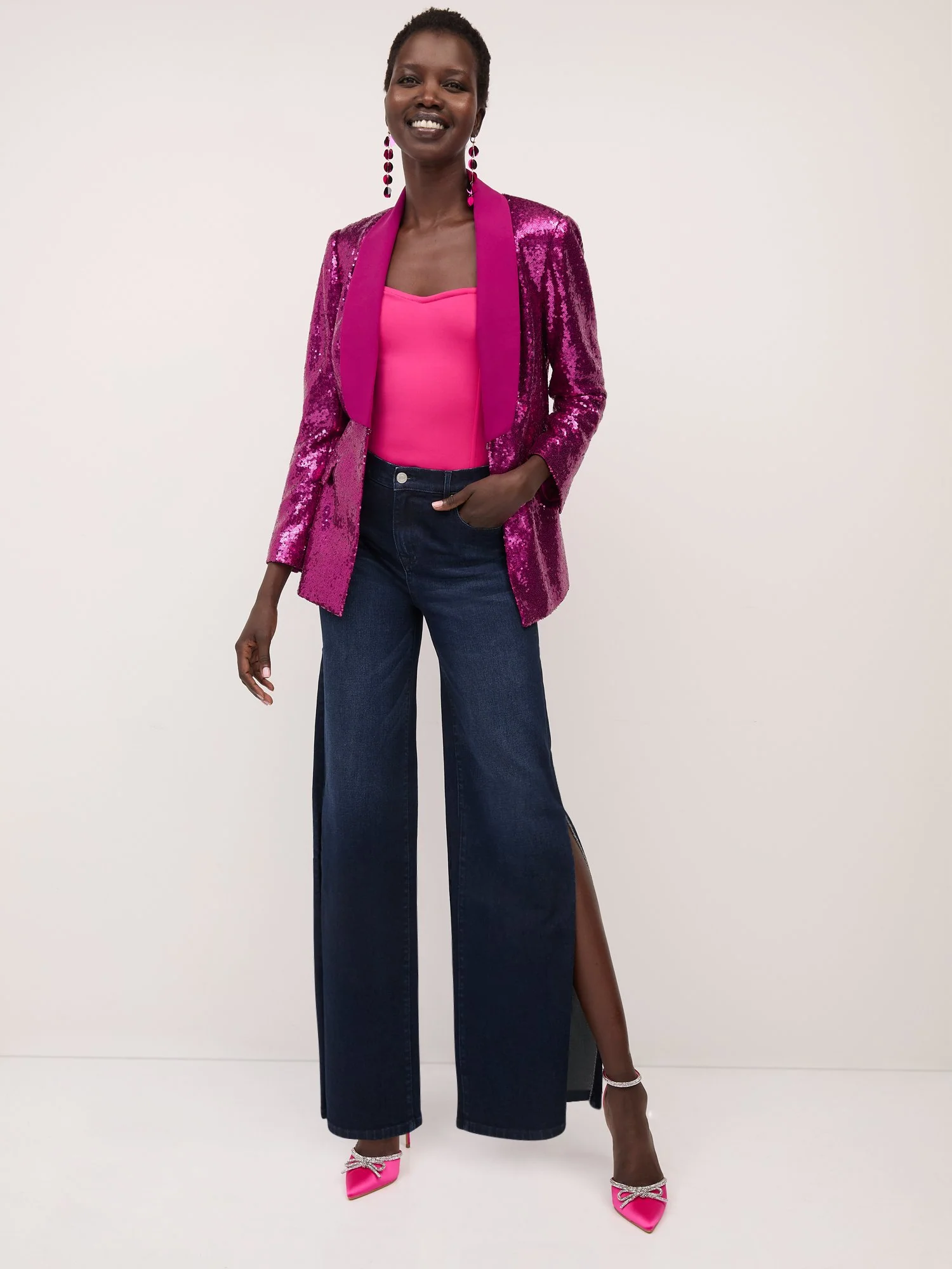 Ultra High-Waisted Rhinestone-Slit Wide-Leg Jeans - Dark Wash - Image 2
