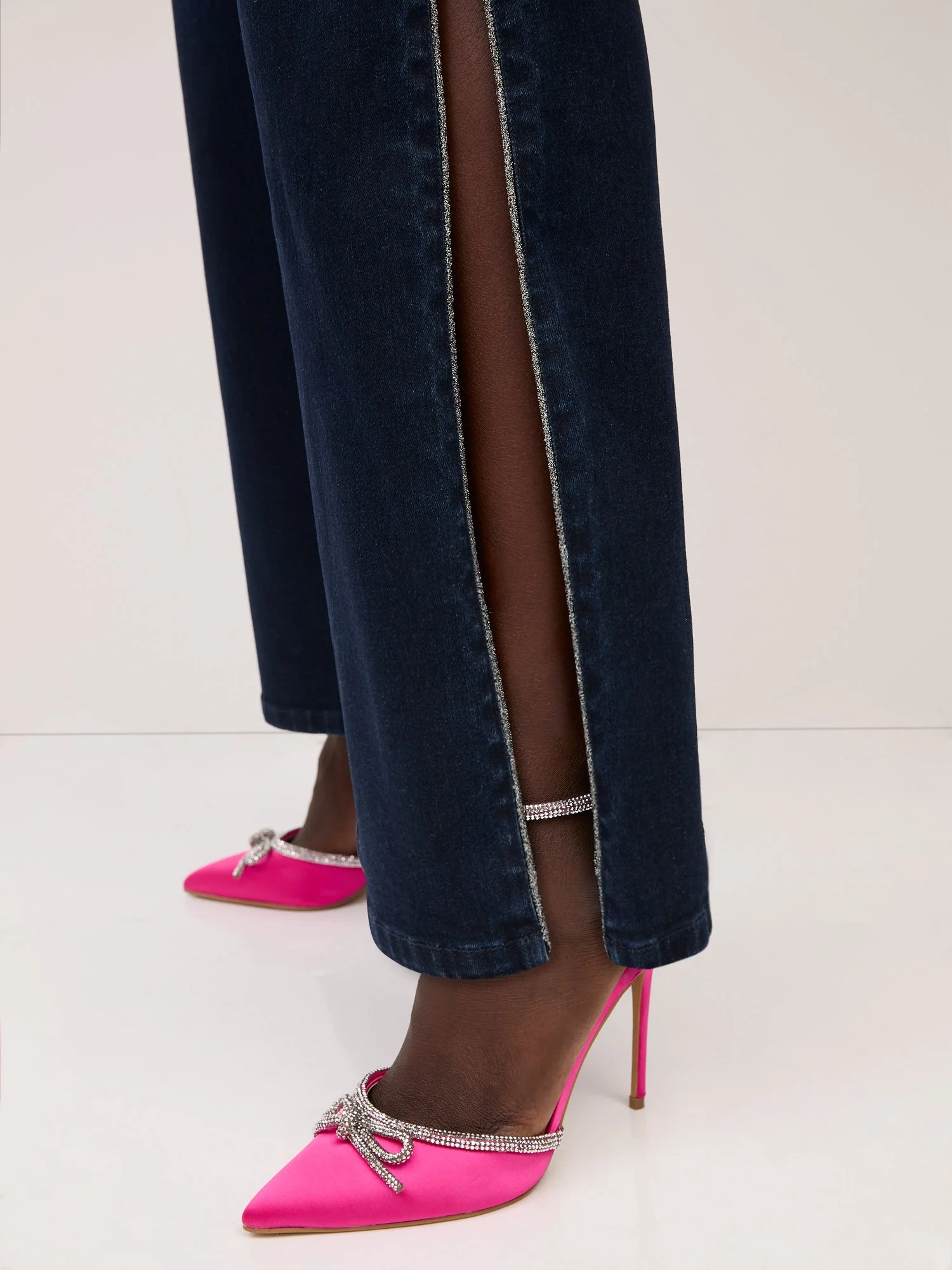 Ultra High-Waisted Rhinestone-Slit Wide-Leg Jeans - Dark Wash - Image 4