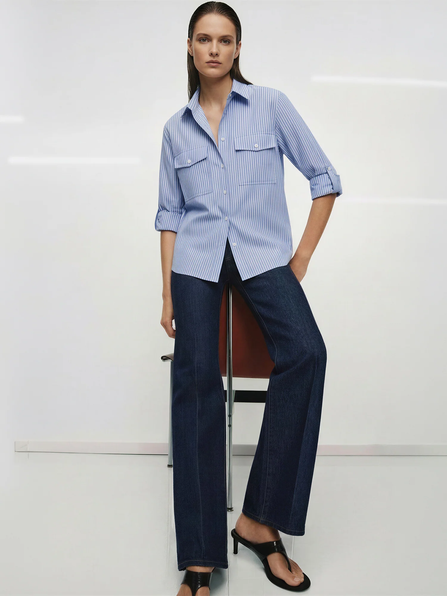 Utility Striped Two Pocket Linen Blend Button Down Shirt - Image 7