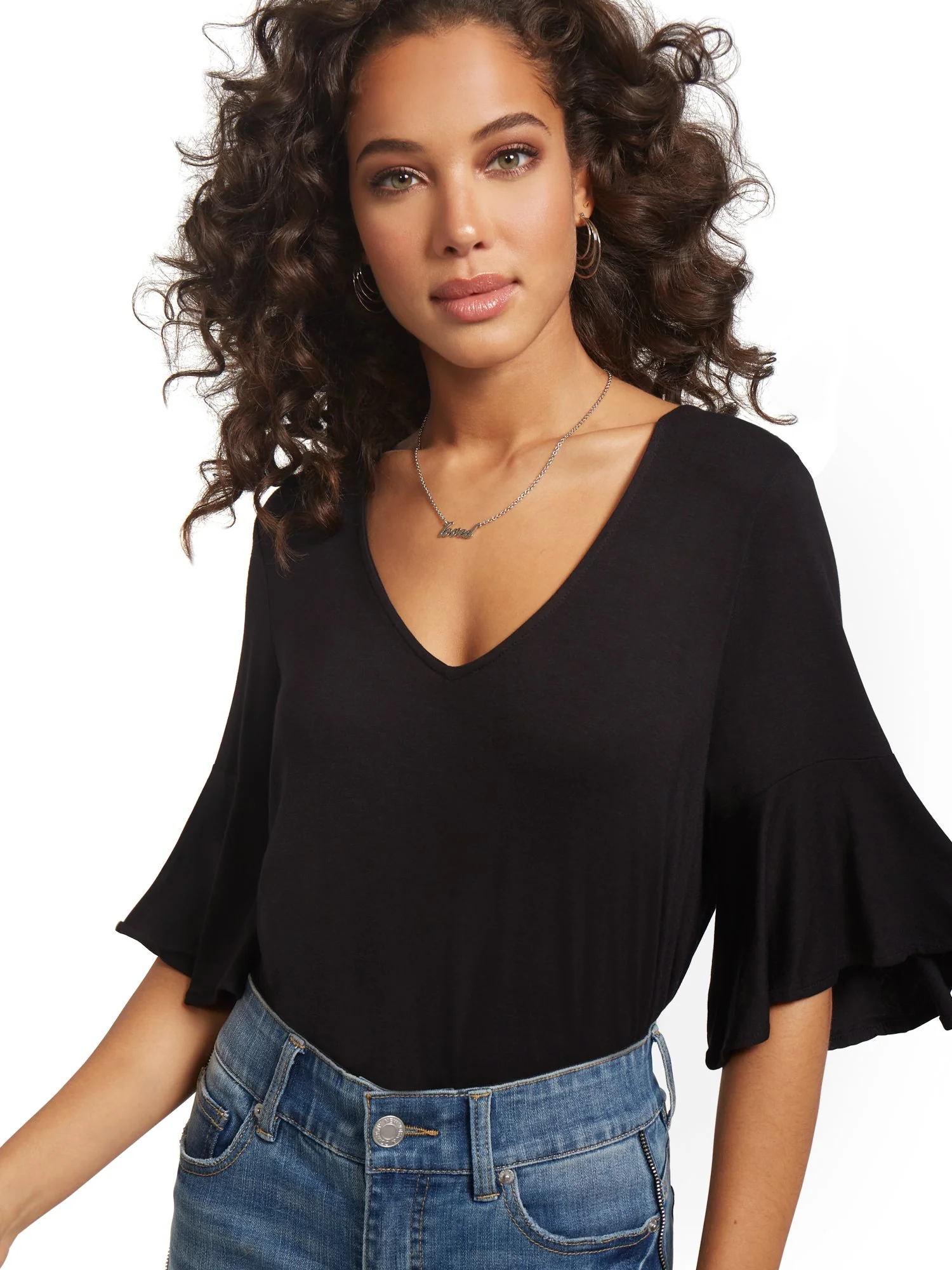 V-Neck Bell-Cuff Top - Sweet Pea - Image 2
