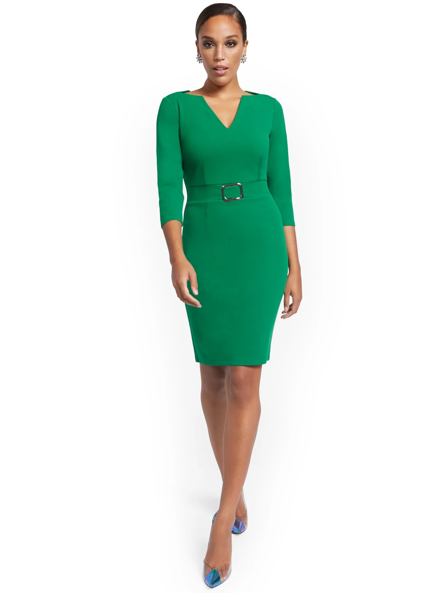 V-Neck Buckled-Detail Sheath Dress - Magic Crepe® - Image 6