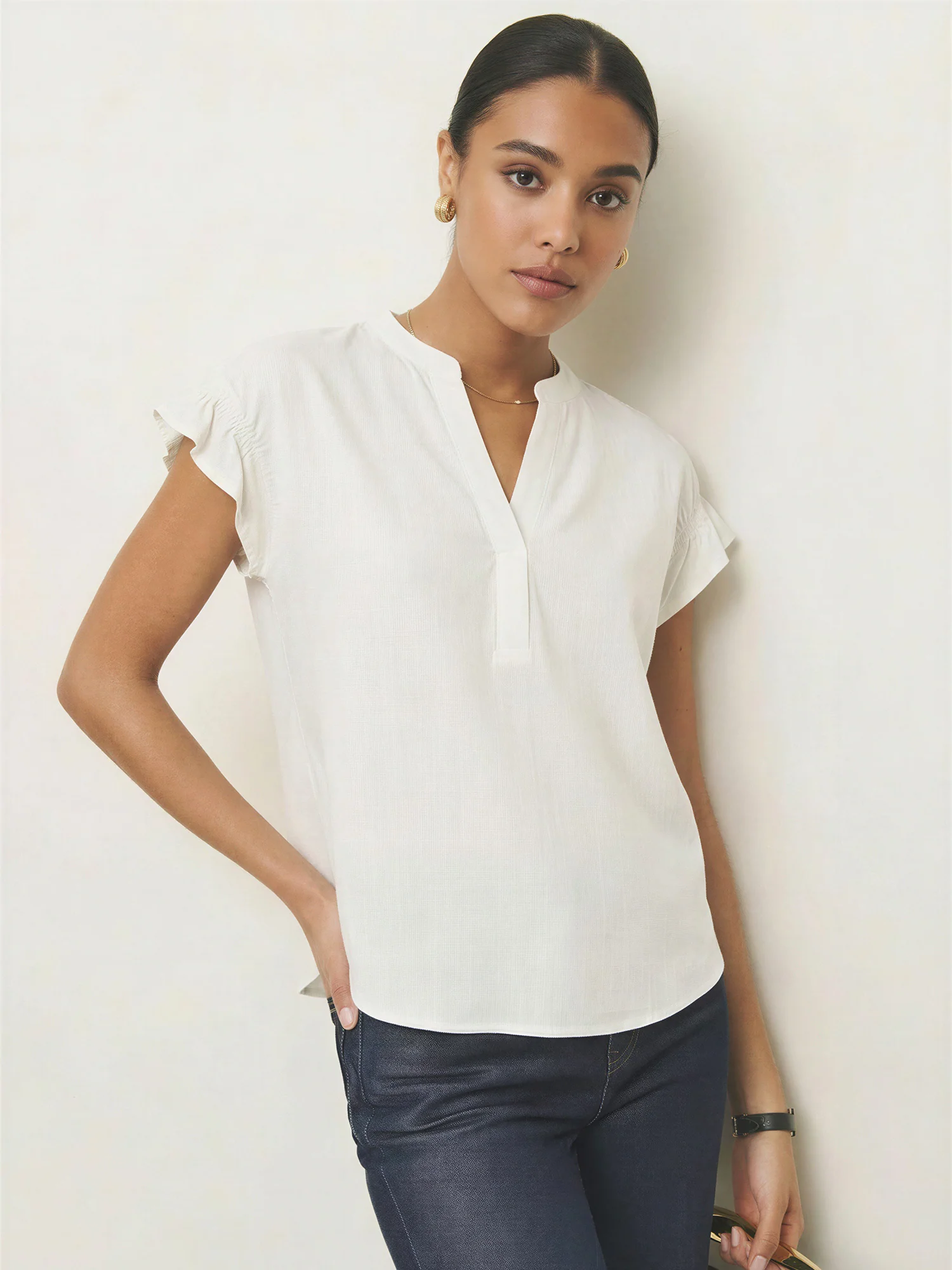 V Neck Flutter Sleeve Elastic Back Blouse