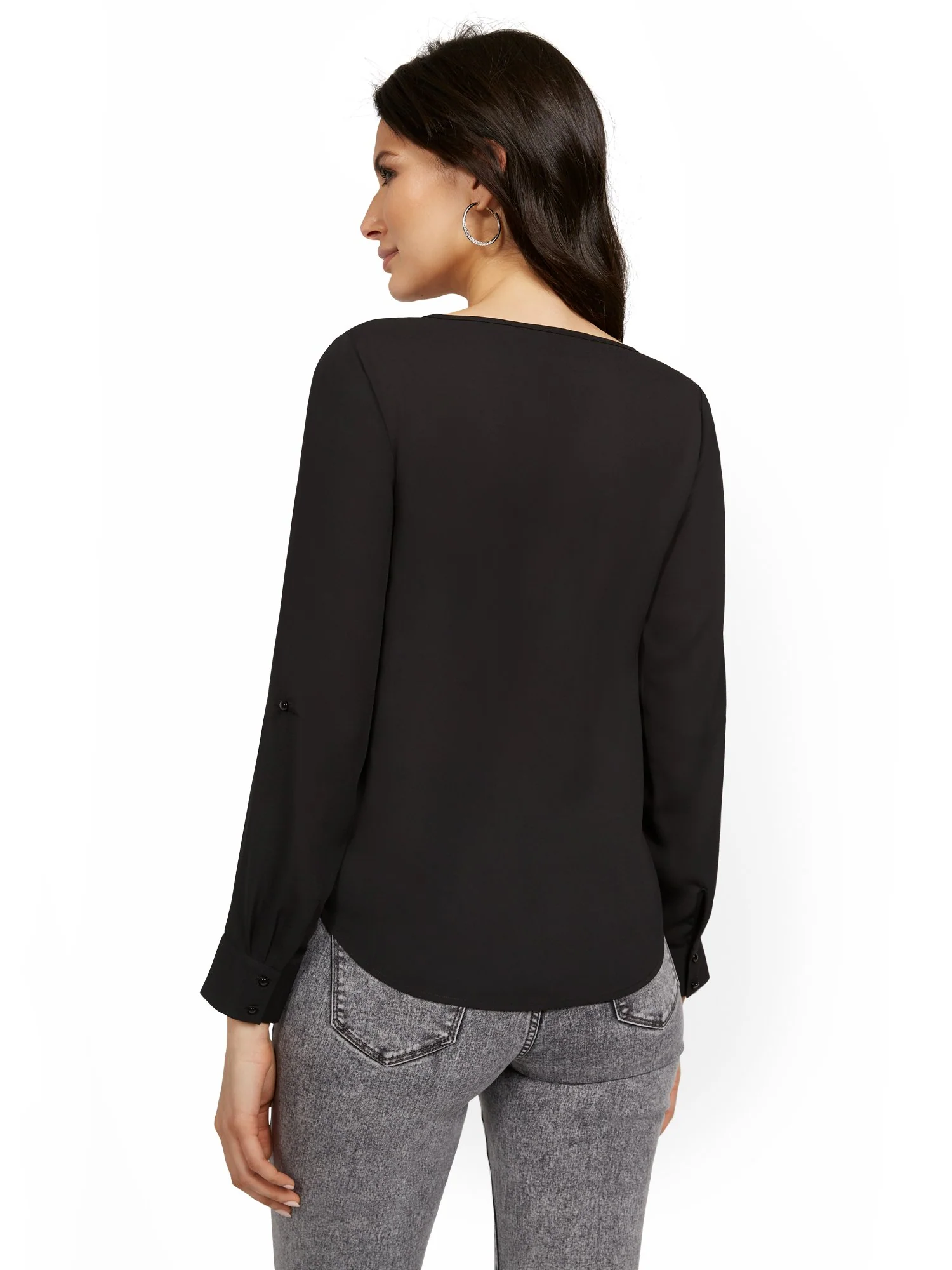 V-Neck Rolled Tab-Sleeve Blouse - Image 3
