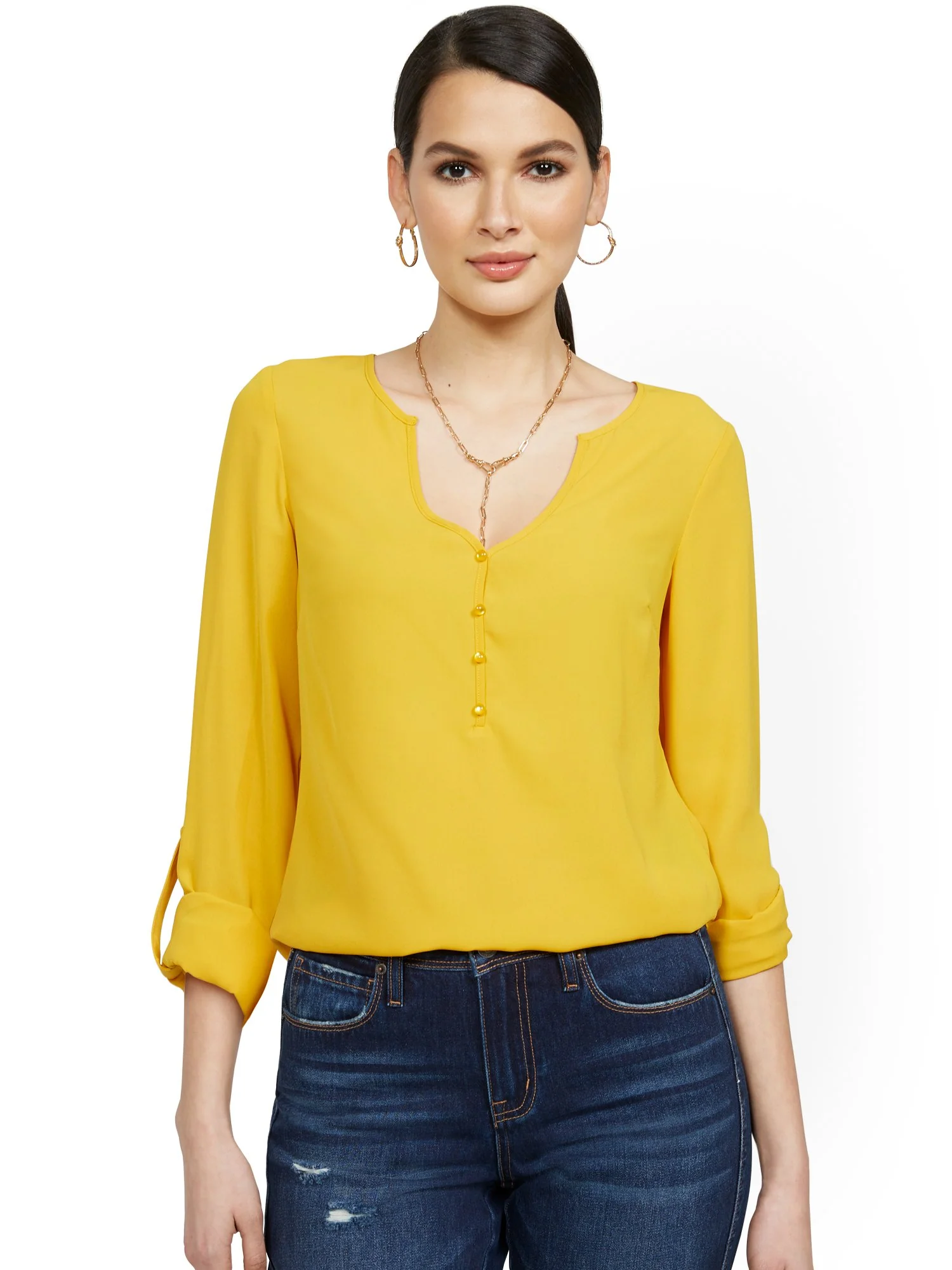 V-Neck Rolled Tab-Sleeve Blouse - Image 5