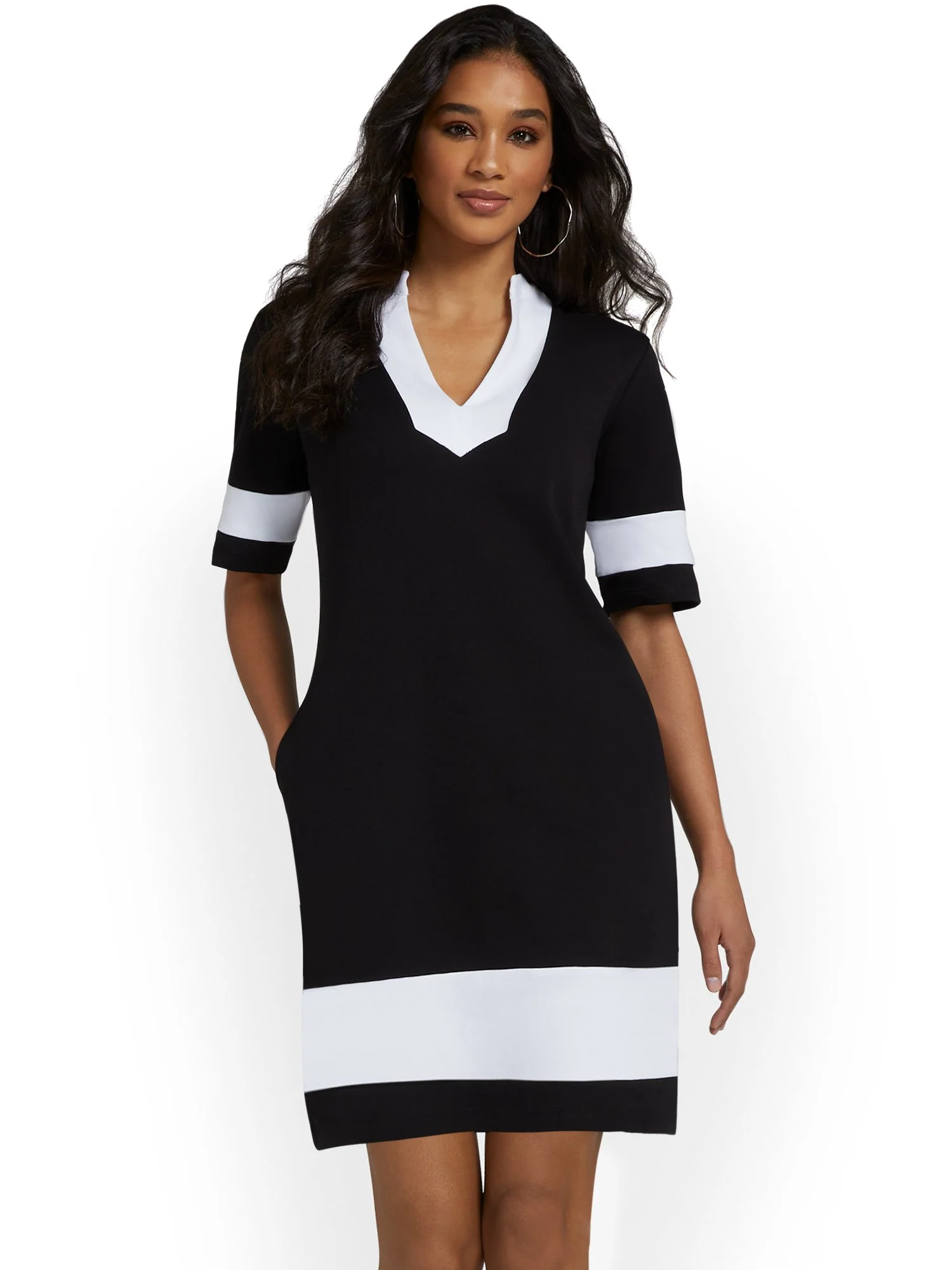 V-Neck Stripe-Accent Shift Dress - City Knits - Image 6
