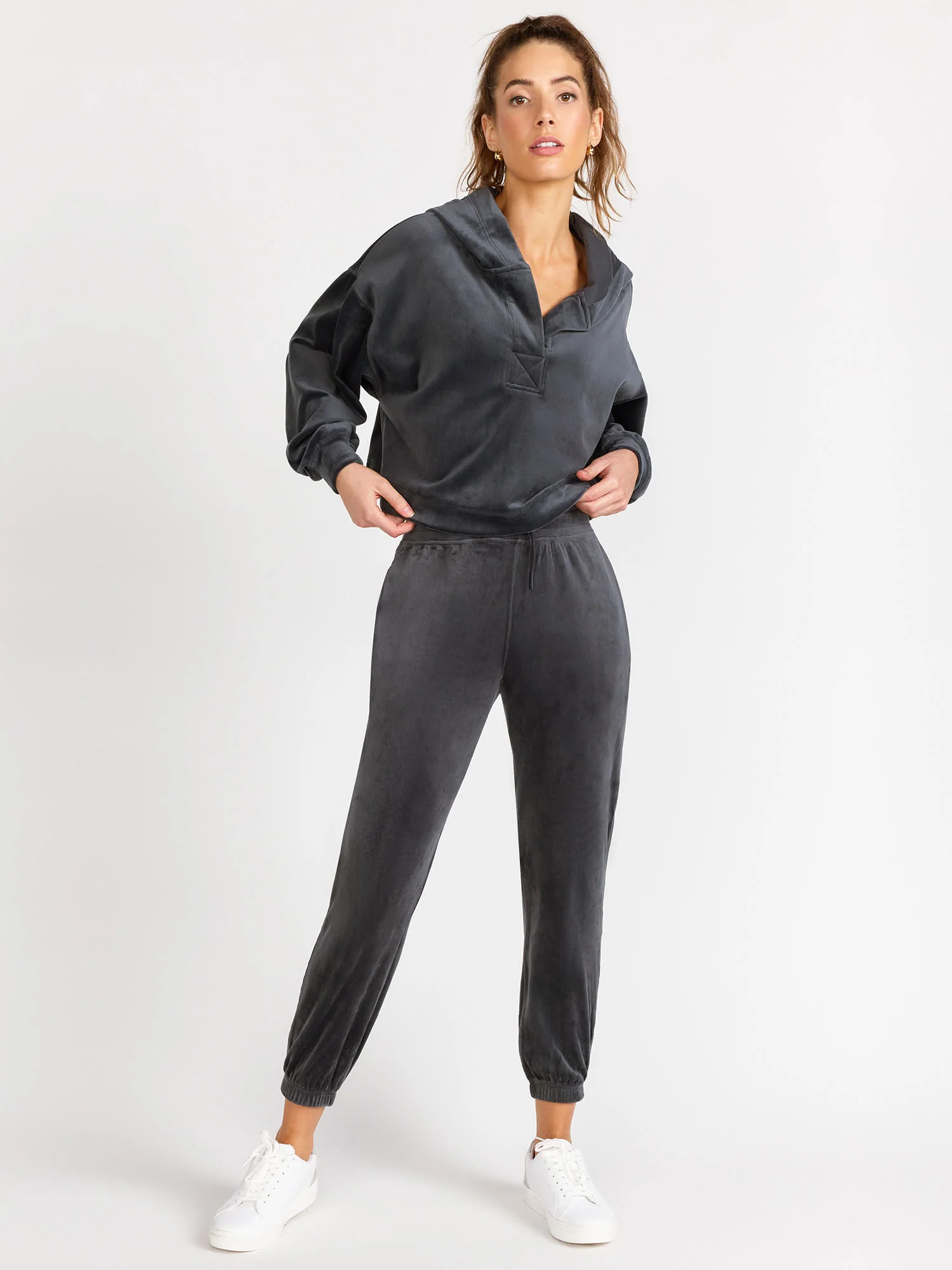 Mono B Velour Cropped Hoodie Pullover, Grey - Brands We Love - Image 3