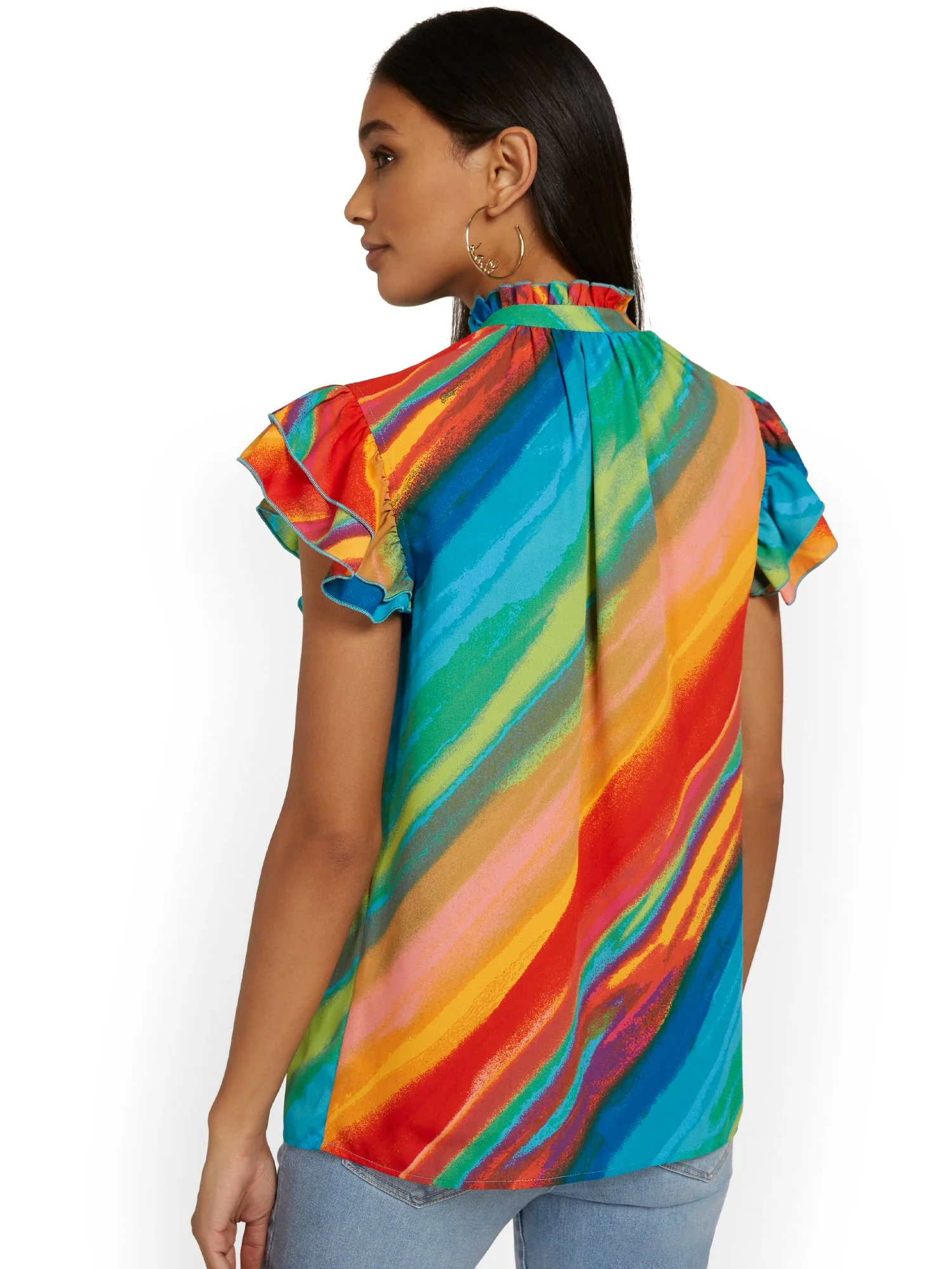 Watercolor-Print Flutter-Sleeve Ruffle Blouse - Image 3