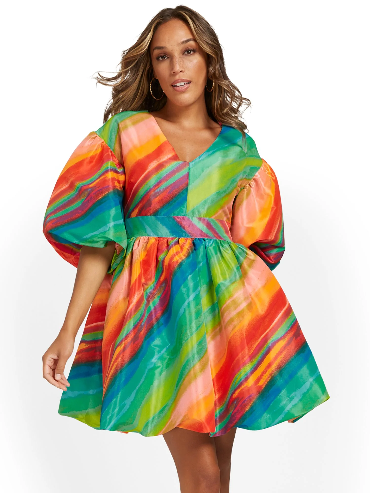 Watercolor-Print V-Neck Bubble Dress - Image 2