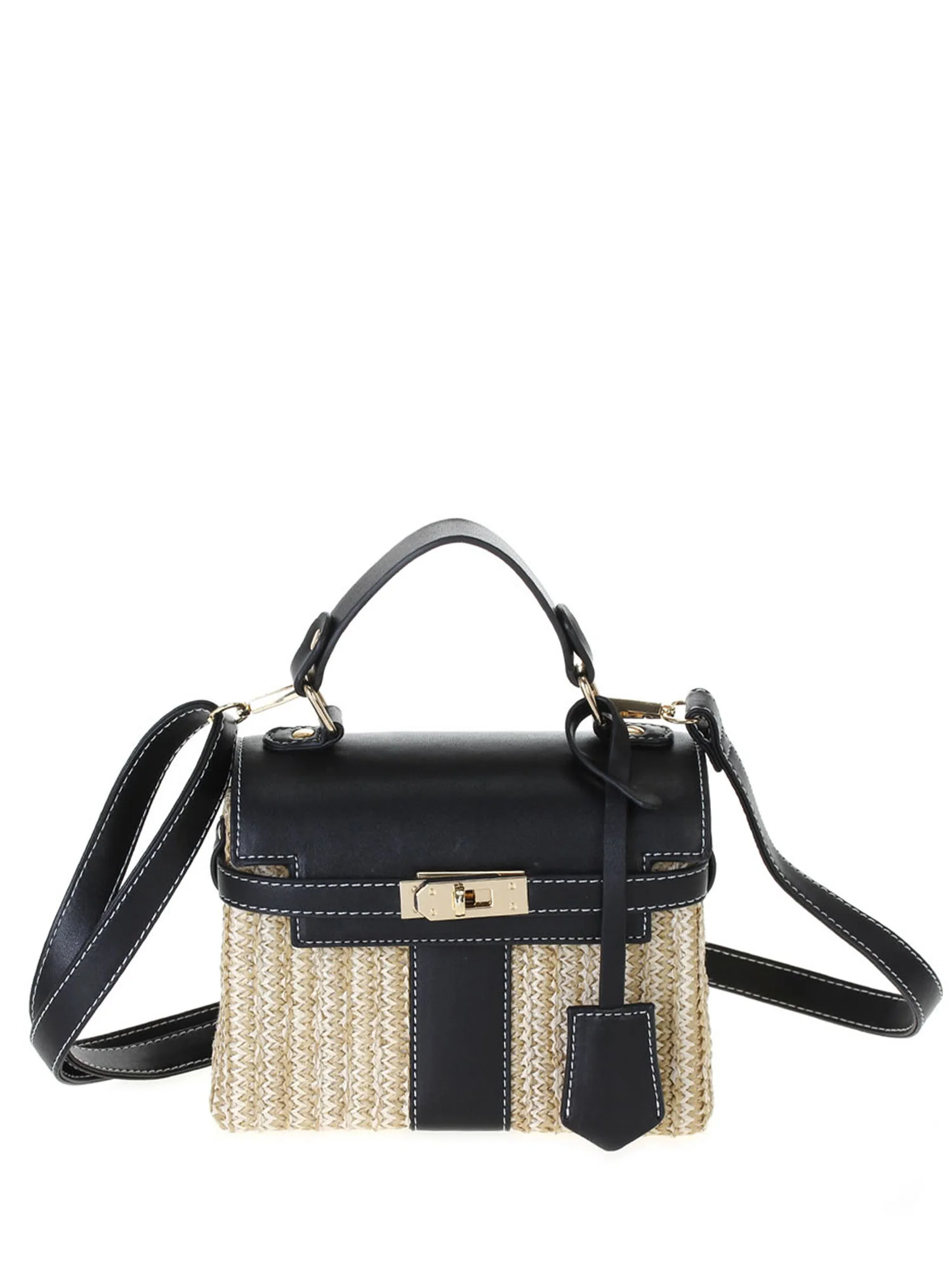 Woven Raffia Black Turnlock Mini Crossbody Bag