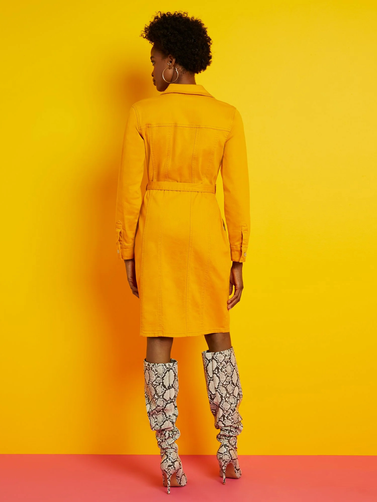 Zip-Front Denim Dress - Gold - Image 3