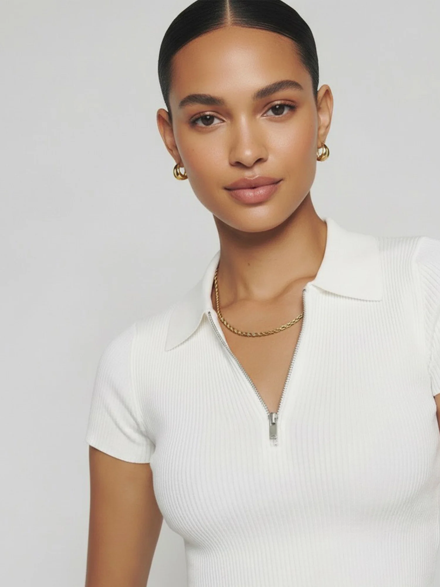 Zip Polo Rib Knit Top - Image 3